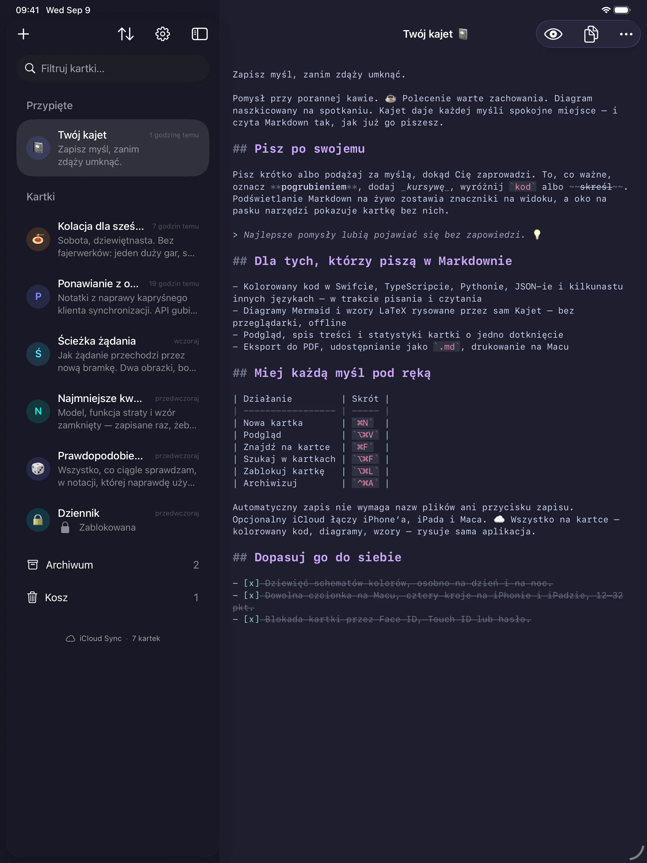 Kajet na iPadzie: przypięte kartki nad resztą listy po lewej, wiersze archiwum i kosza u jej dołu, otwarta kartka Markdown po prawej.