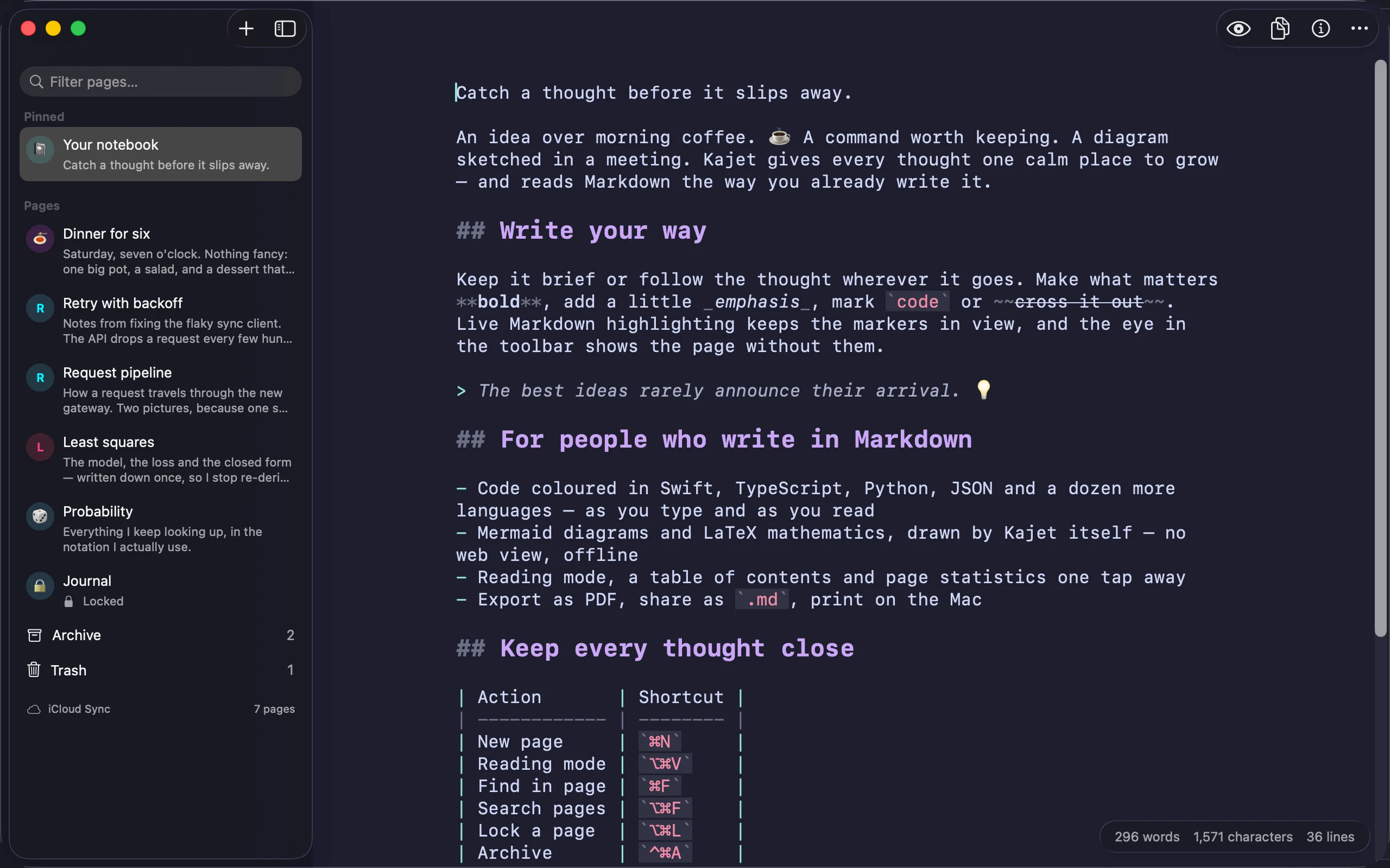 Kajet on Mac: the page list on the left with the archive and trash rows under it, a Markdown page open in the editor, and word, character and line counts floating in the corner.