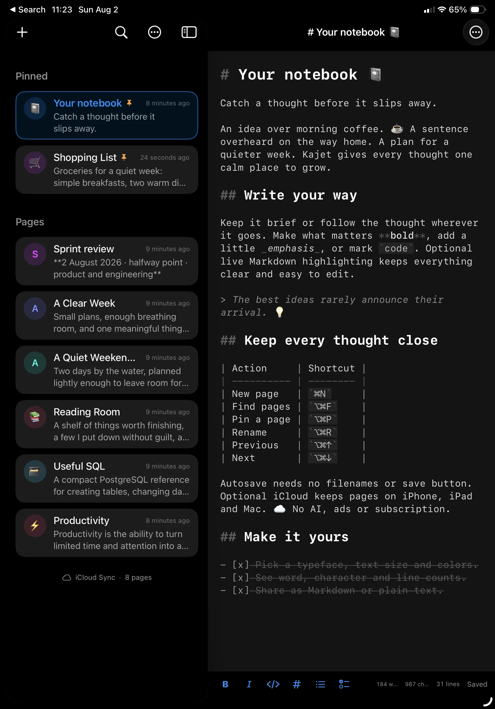 Kajet on iPad: pinned pages above the rest of the list on the left, an open Markdown page on the right.