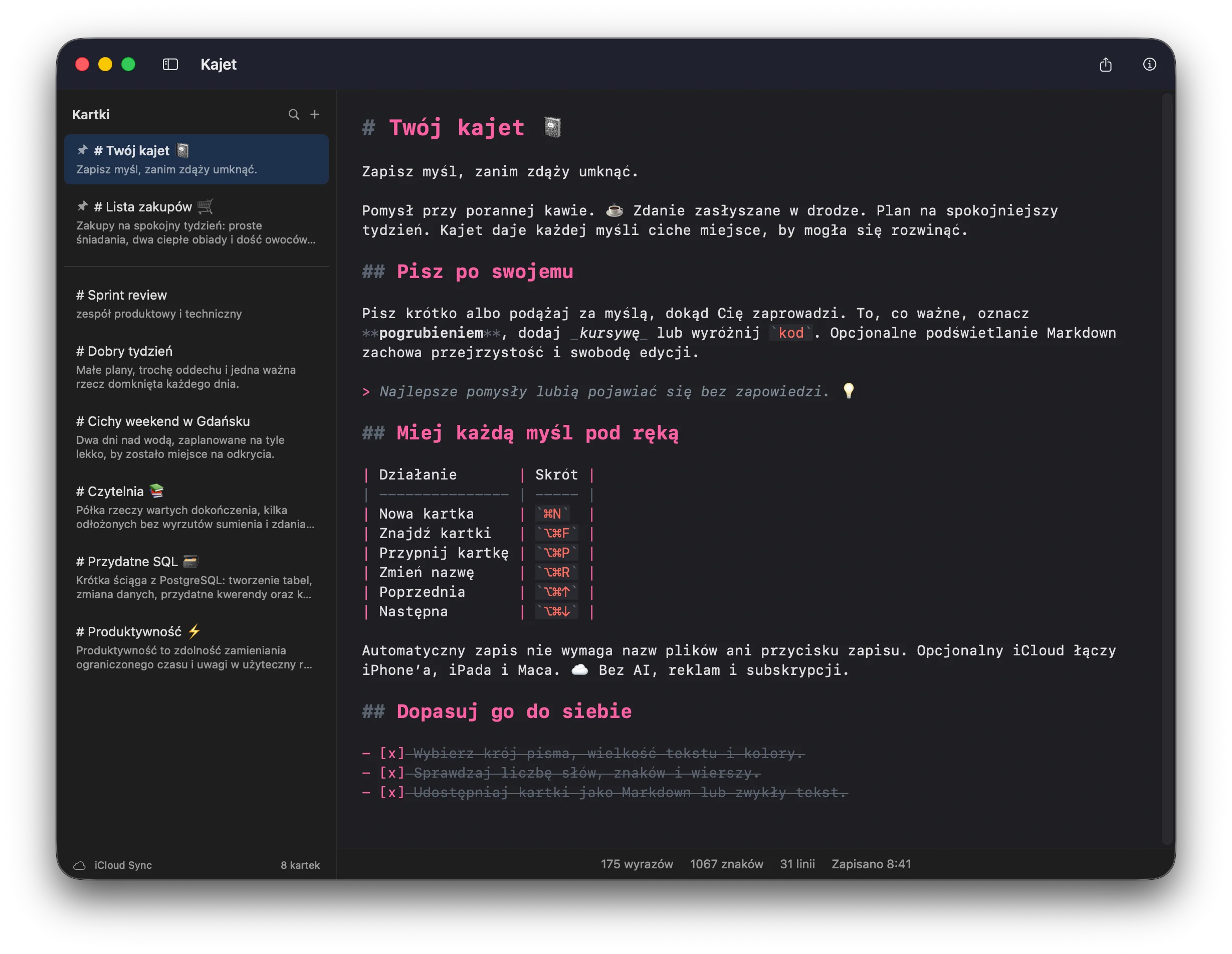Kajet na Macu: lista kartek po lewej, kartka Markdown otwarta w edytorze i liczniki słów, znaków i wierszy na dole.