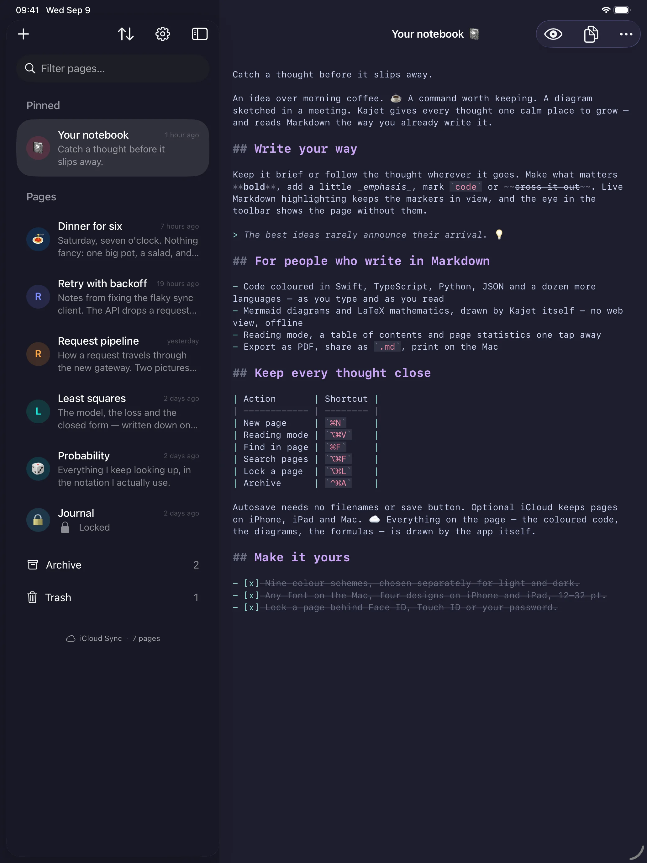 Kajet on iPad: pinned pages above the rest of the list on the left, with the archive and trash rows at the foot of it, and an open Markdown page on the right.