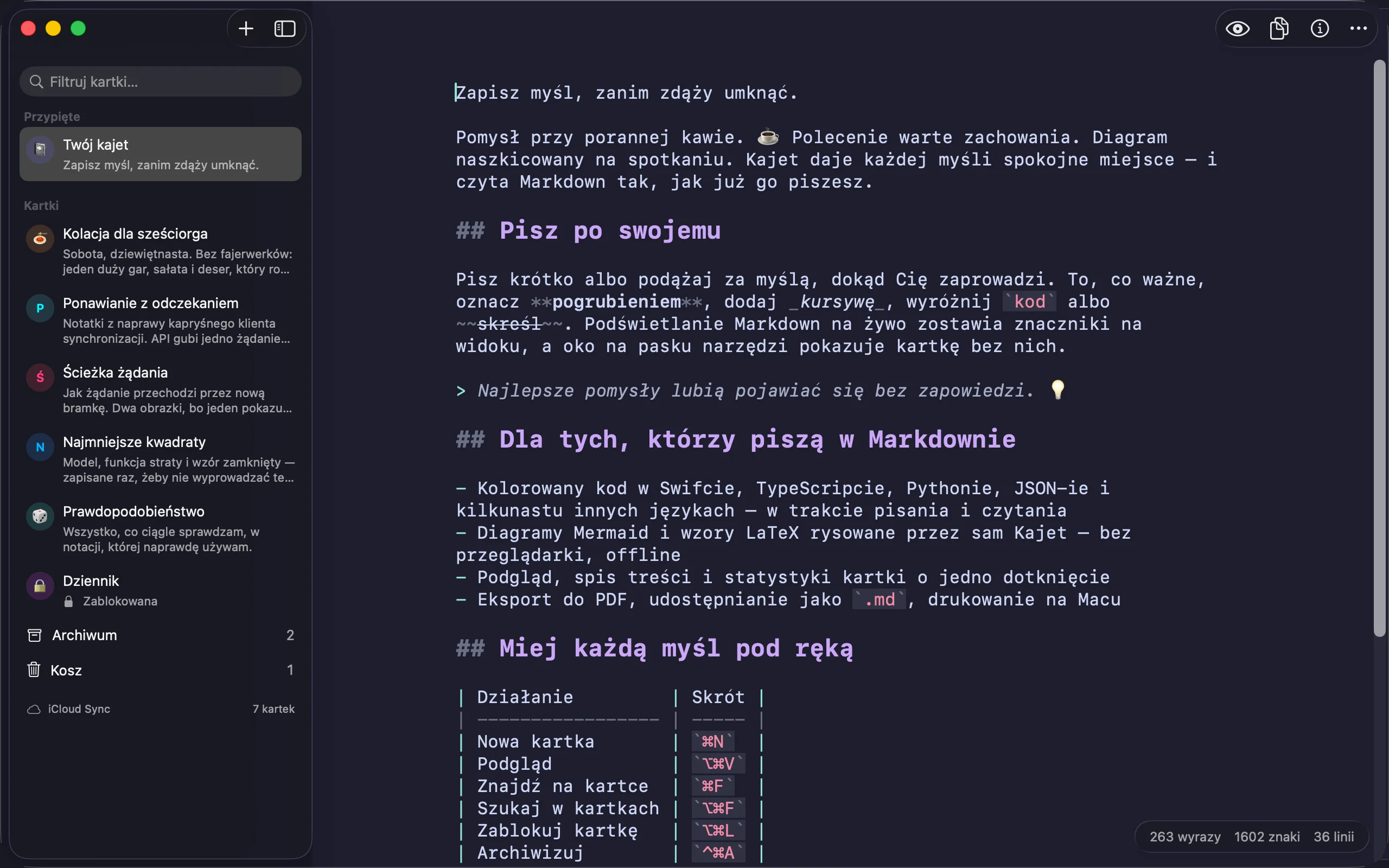 Kajet na Macu: lista kartek po lewej z wierszami archiwum i kosza pod nią, kartka Markdown otwarta w edytorze i liczniki słów, znaków i wierszy w rogu.