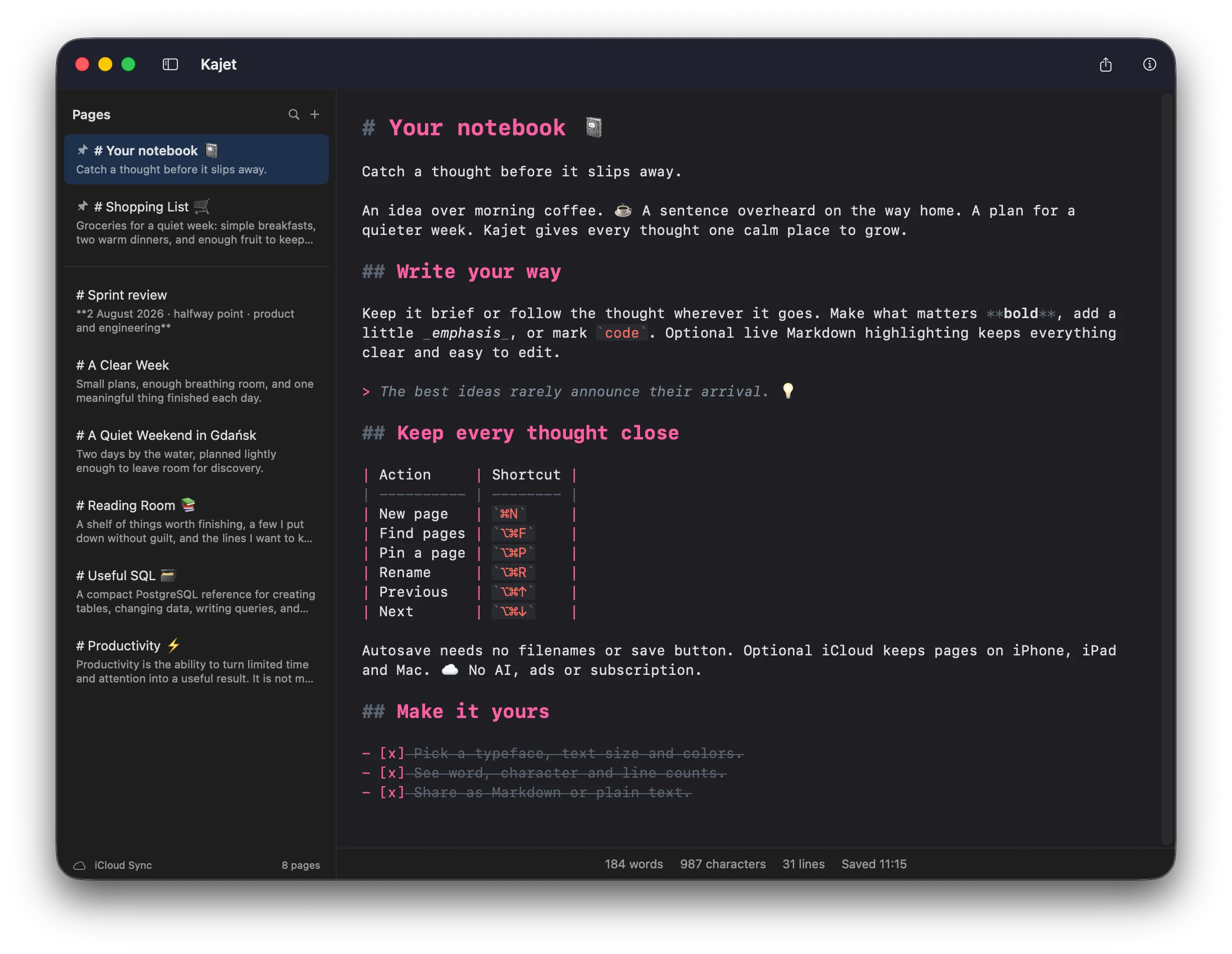 Kajet on Mac: the page list on the left, a Markdown page open in the editor, and word, character and line counts along the bottom.
