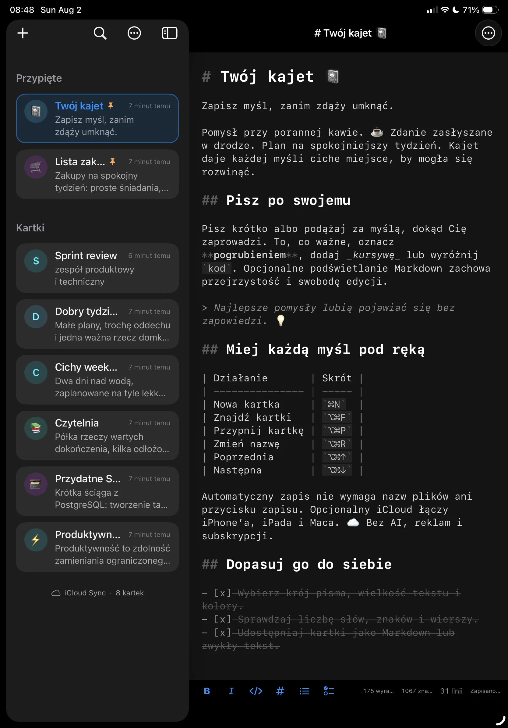 Kajet na iPadzie: przypięte kartki nad resztą listy po lewej, otwarta kartka Markdown po prawej.