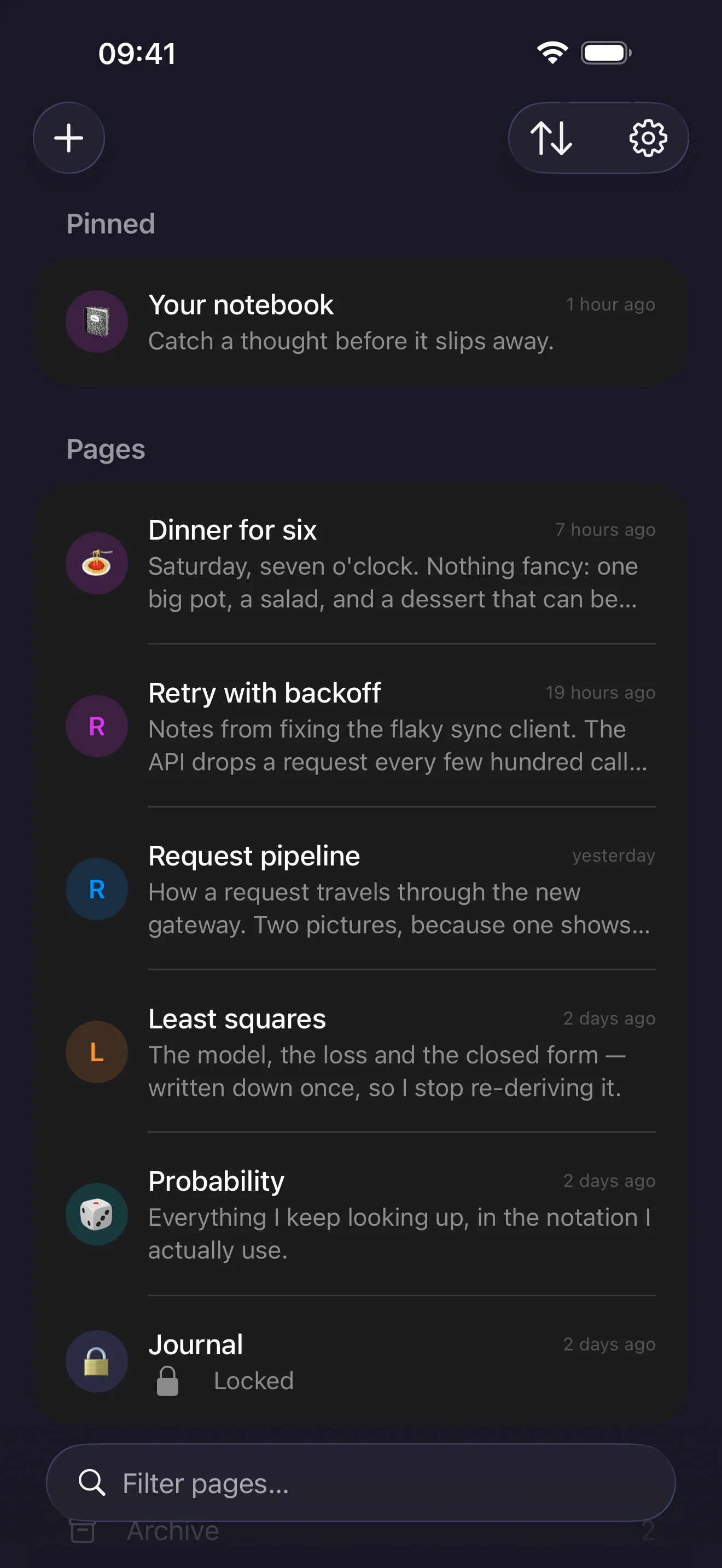 Kajet on iPhone showing pinned pages above the rest of the list, each with its first lines as a preview, and the archive and trash rows below them.