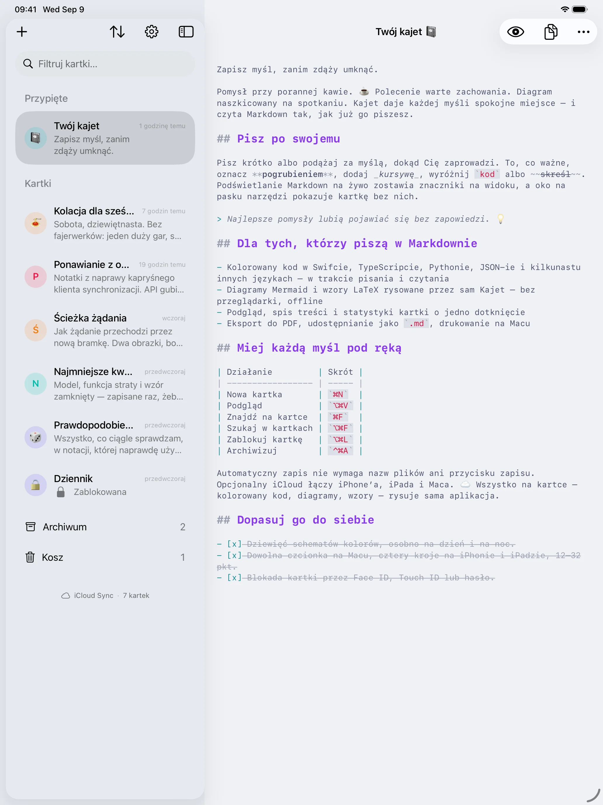 Kajet na iPadzie: przypięte kartki nad resztą listy po lewej, wiersze archiwum i kosza u jej dołu, otwarta kartka Markdown po prawej.