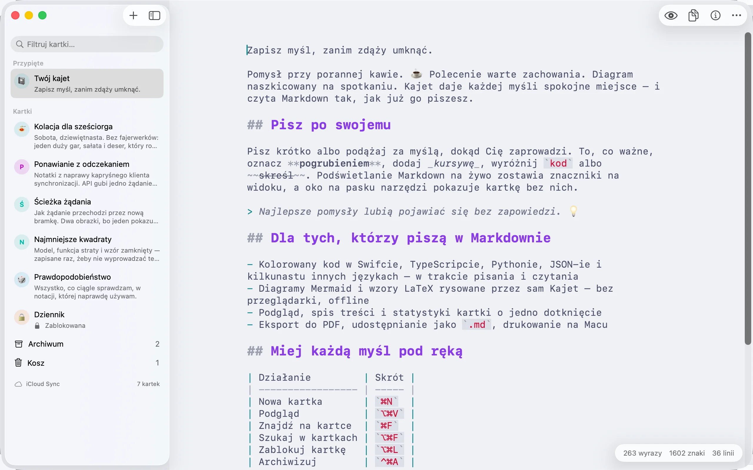 Kajet na Macu: lista kartek po lewej z wierszami archiwum i kosza pod nią, kartka Markdown otwarta w edytorze i liczniki słów, znaków i wierszy w rogu.