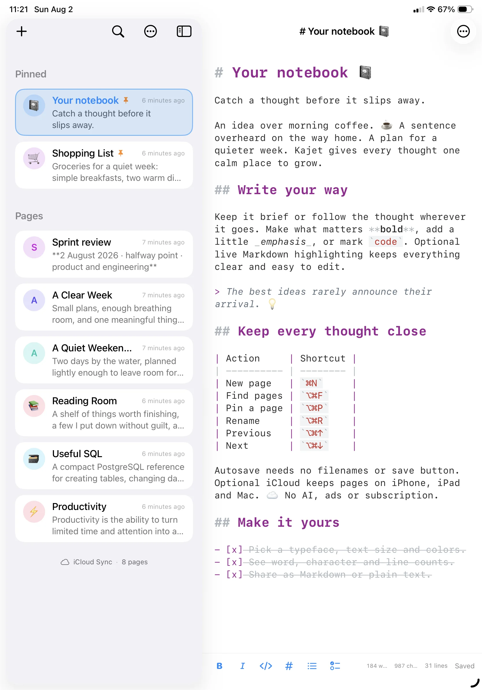 Kajet on iPad: pinned pages above the rest of the list on the left, an open Markdown page on the right.