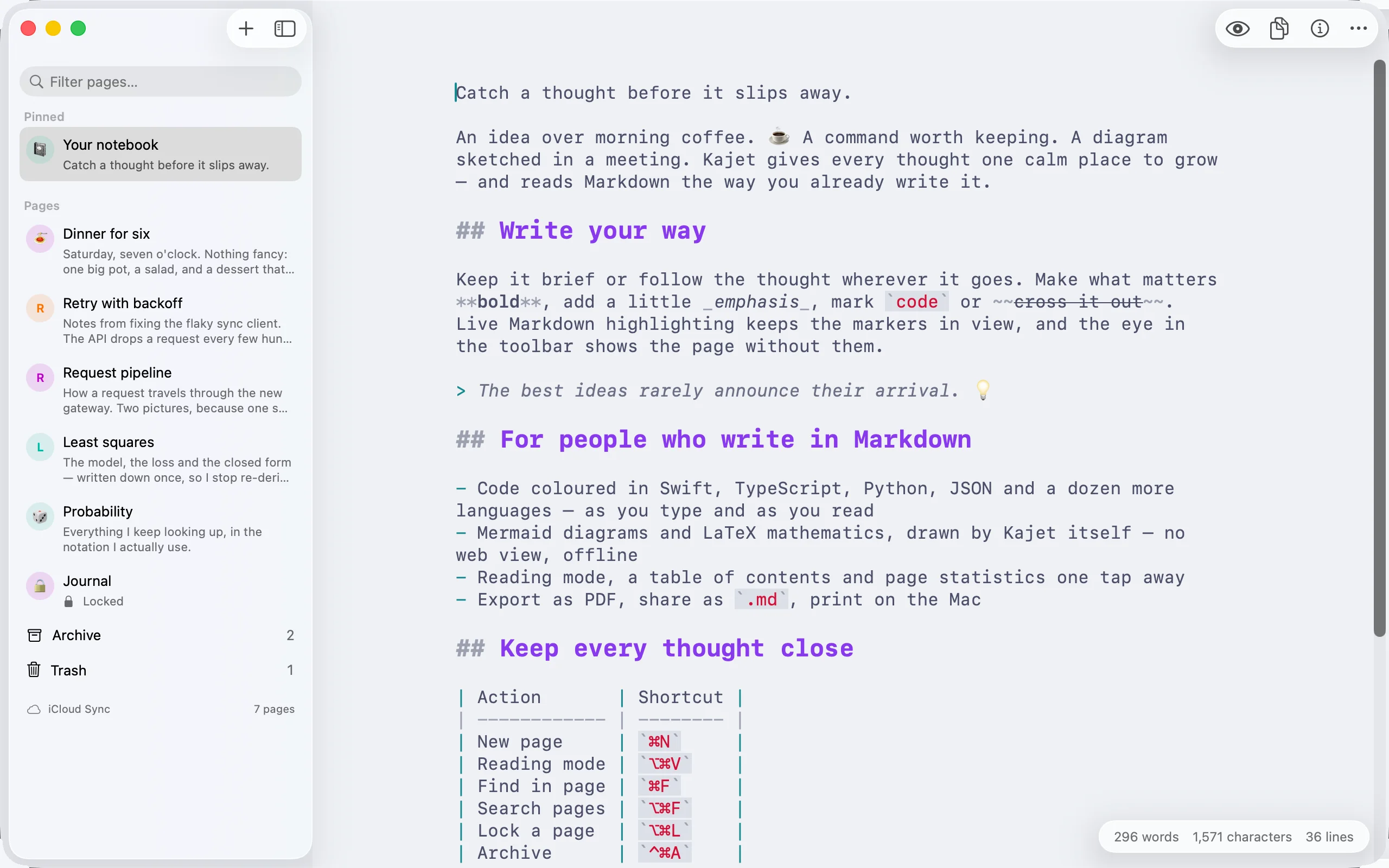 Kajet on Mac: the page list on the left with the archive and trash rows under it, a Markdown page open in the editor, and word, character and line counts floating in the corner.