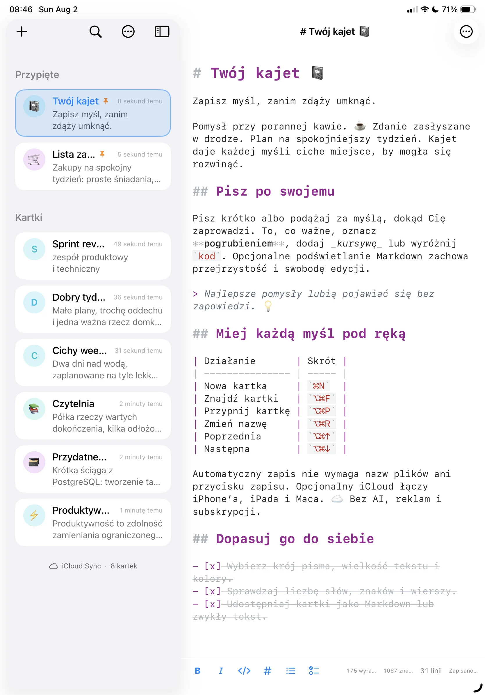 Kajet na iPadzie: przypięte kartki nad resztą listy po lewej, otwarta kartka Markdown po prawej.