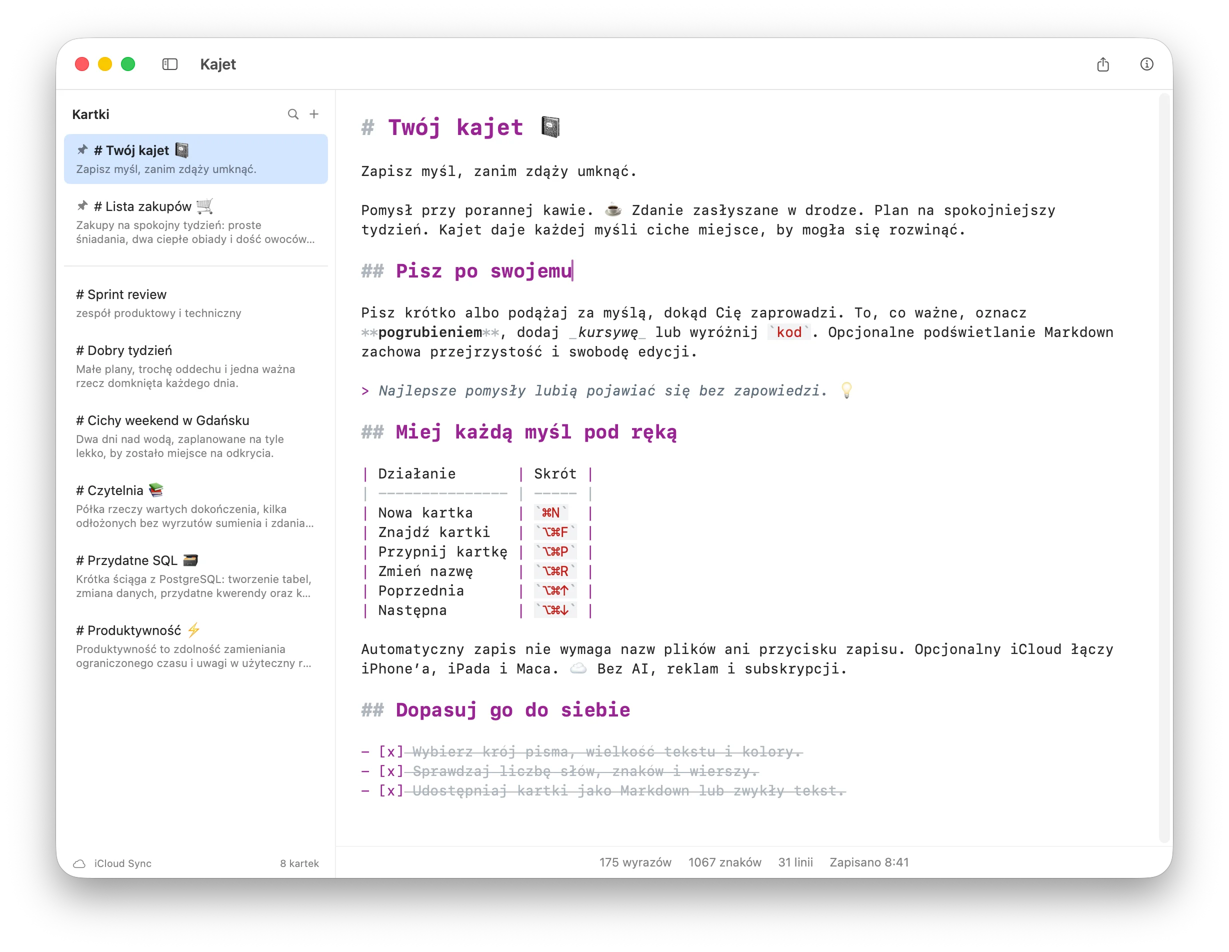 Kajet na Macu: lista kartek po lewej, kartka Markdown otwarta w edytorze i liczniki słów, znaków i wierszy na dole.