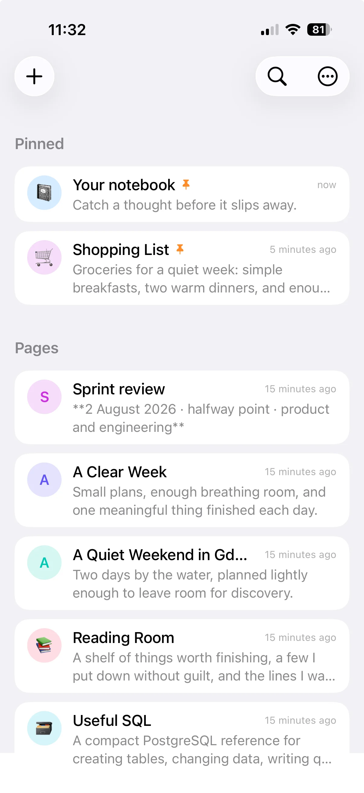 Kajet on iPhone showing pinned pages above the rest of the list, each with its first lines as a preview.