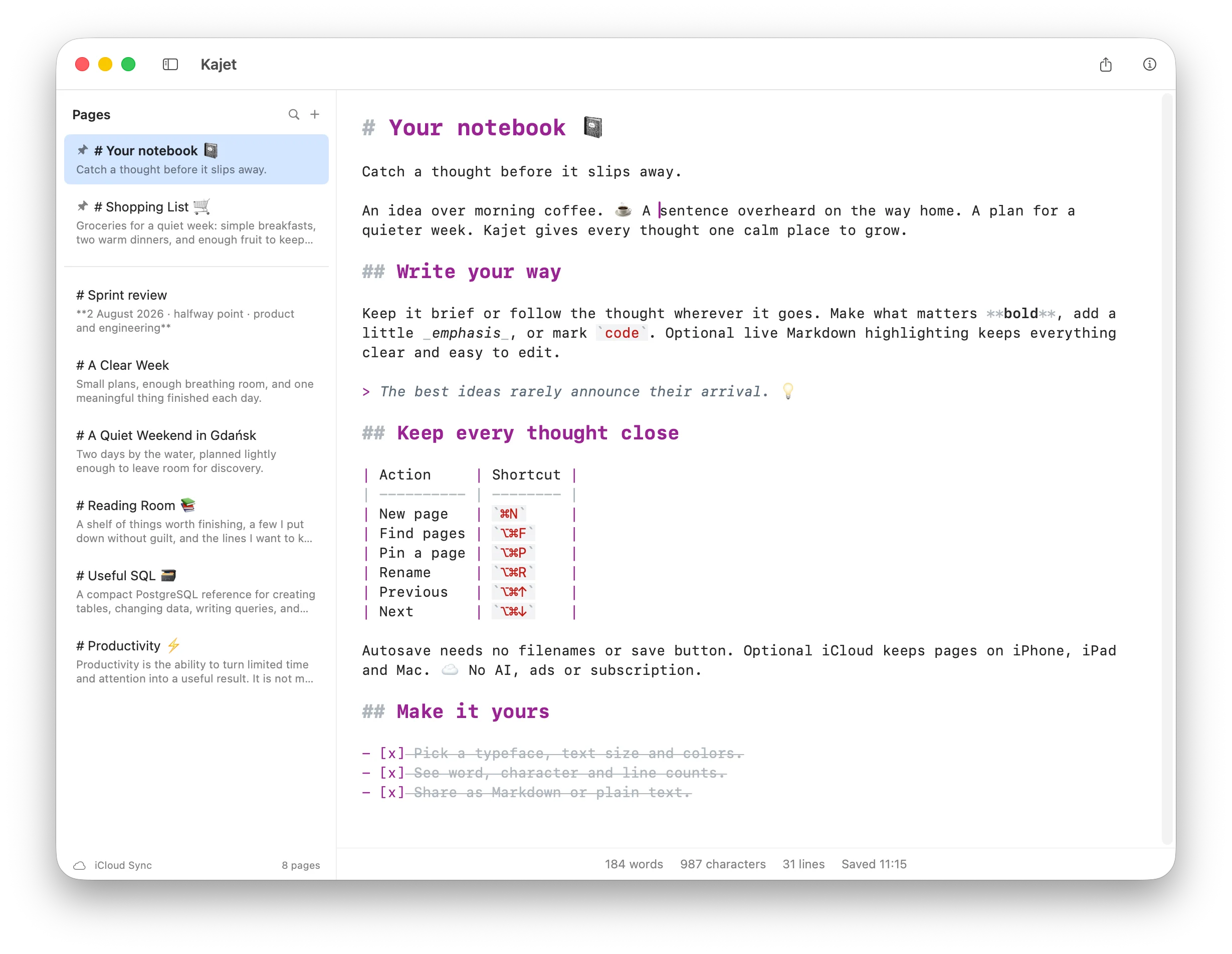 Kajet on Mac: the page list on the left, a Markdown page open in the editor, and word, character and line counts along the bottom.