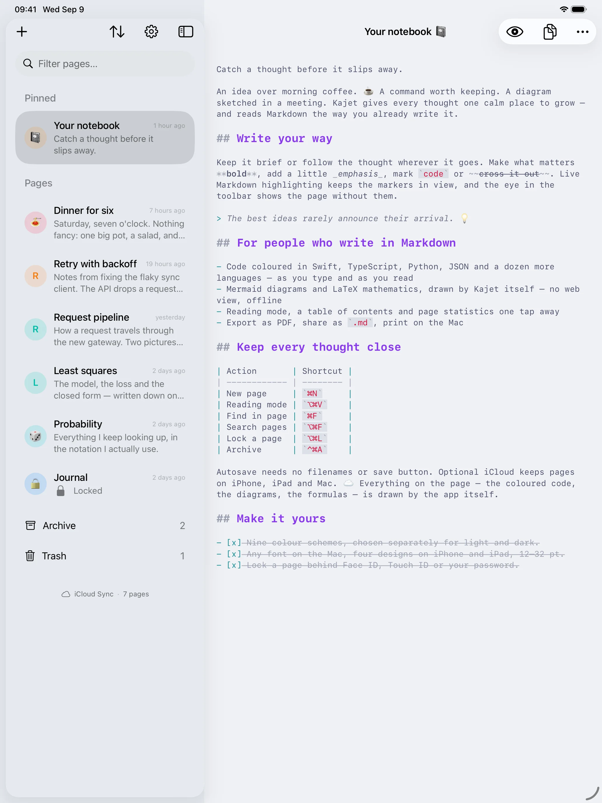 Kajet on iPad: pinned pages above the rest of the list on the left, with the archive and trash rows at the foot of it, and an open Markdown page on the right.