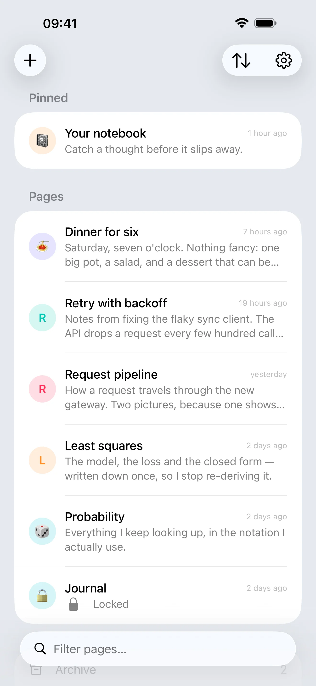 Kajet on iPhone showing pinned pages above the rest of the list, each with its first lines as a preview, and the archive and trash rows below them.