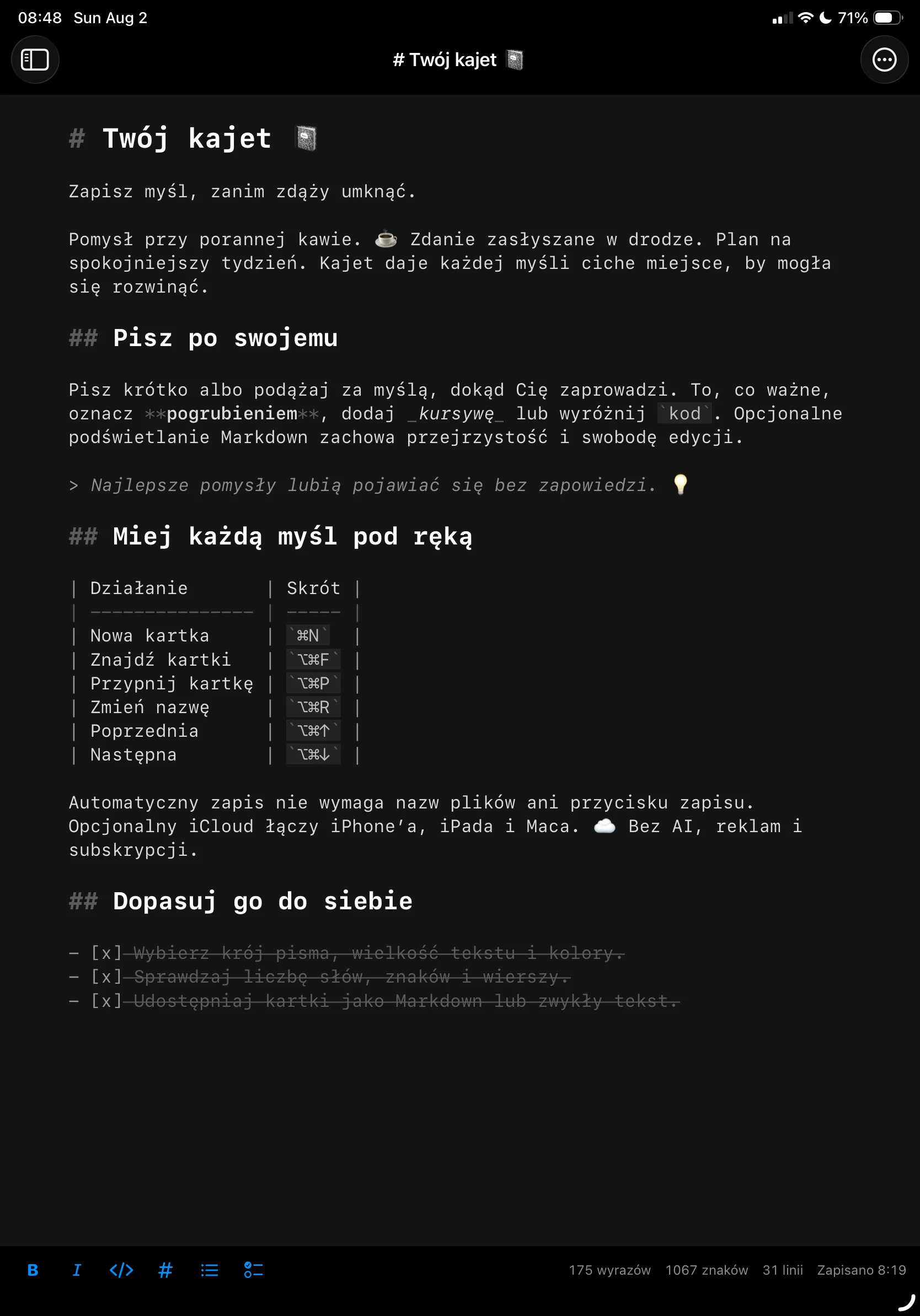 Kajet na iPadzie z ukrytą listą kartek — kartka rozłożona na całym ekranie.