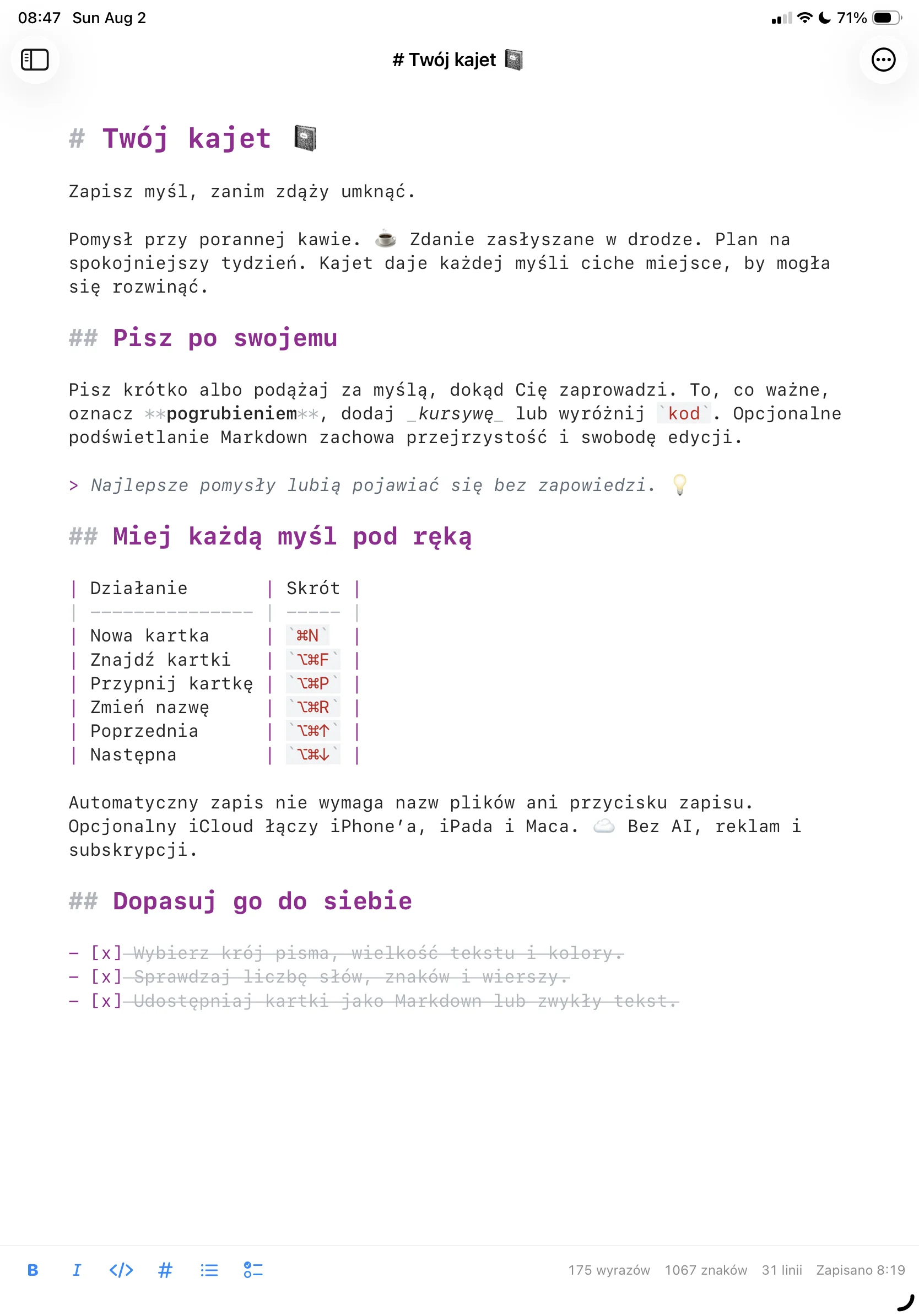 Kajet na iPadzie z ukrytą listą kartek — kartka rozłożona na całym ekranie.