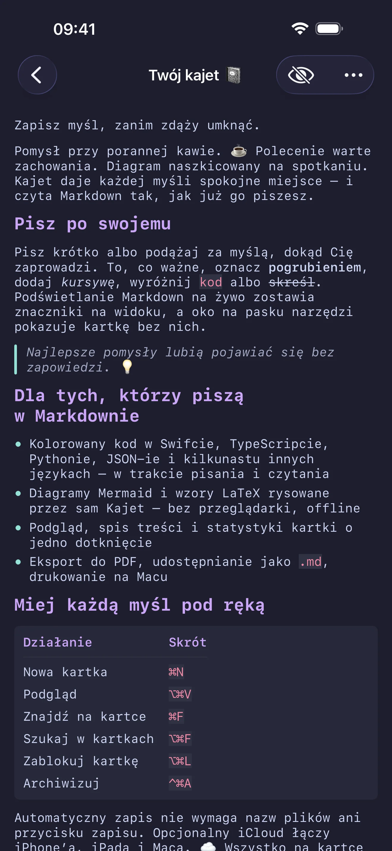 Kartka na iPhonie w trybie czytania: nagłówki w prawdziwym rozmiarze, lista punktowana, cytat i tabela bez znaczników Markdown.