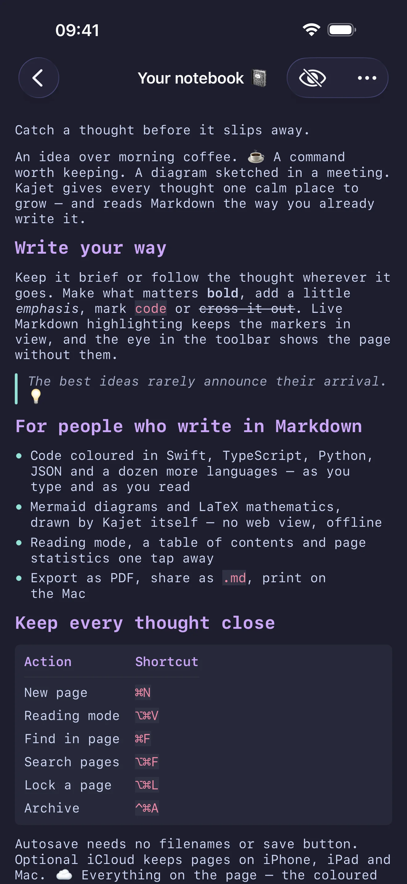 A page on iPhone in reading mode: sized headings, a bulleted list, a quotation and a table, with no Markdown markers in sight.