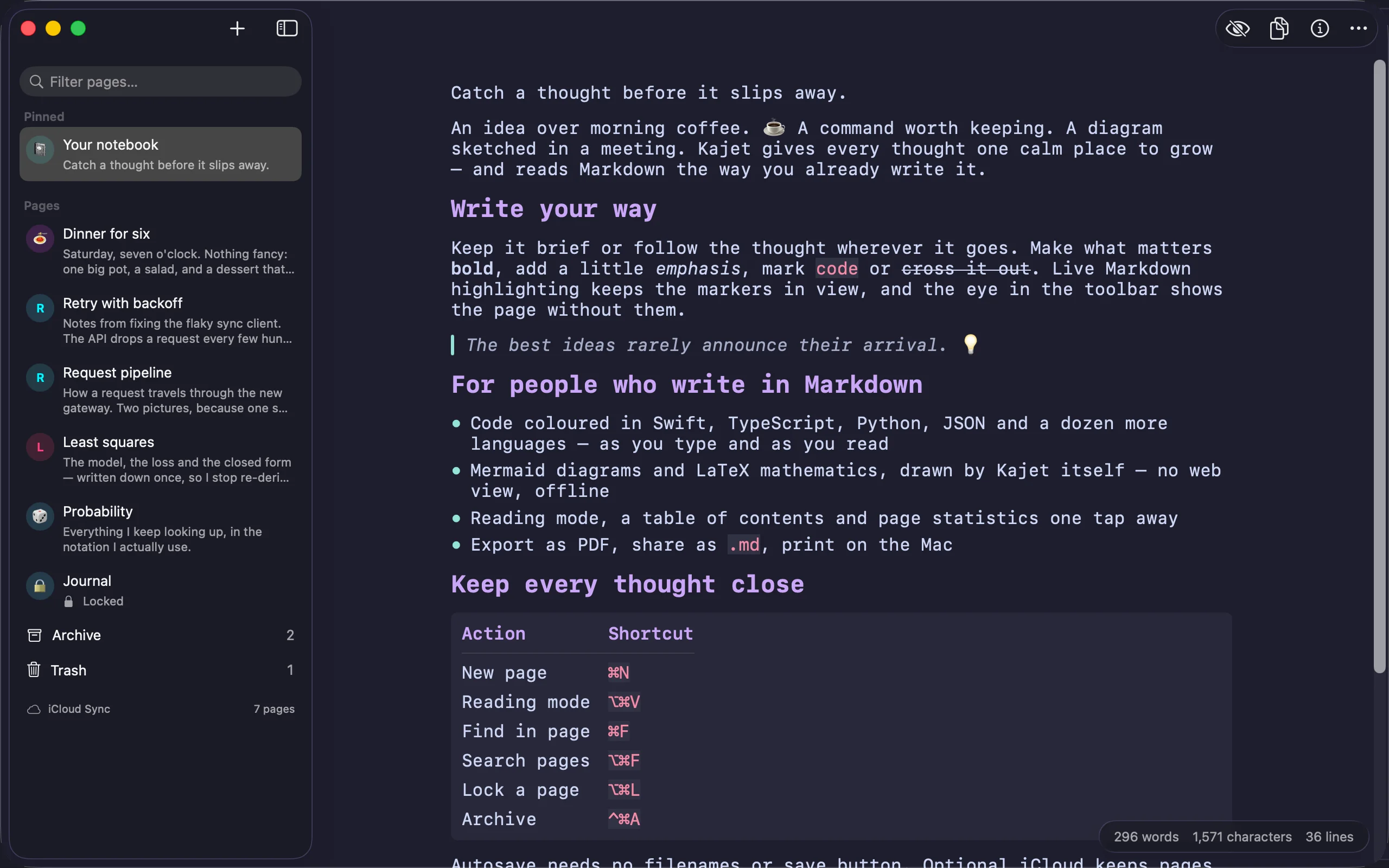 The same page on Mac in reading mode: headings at their real size, a bulleted list, a quotation and a table, with no Markdown markers left in the text.