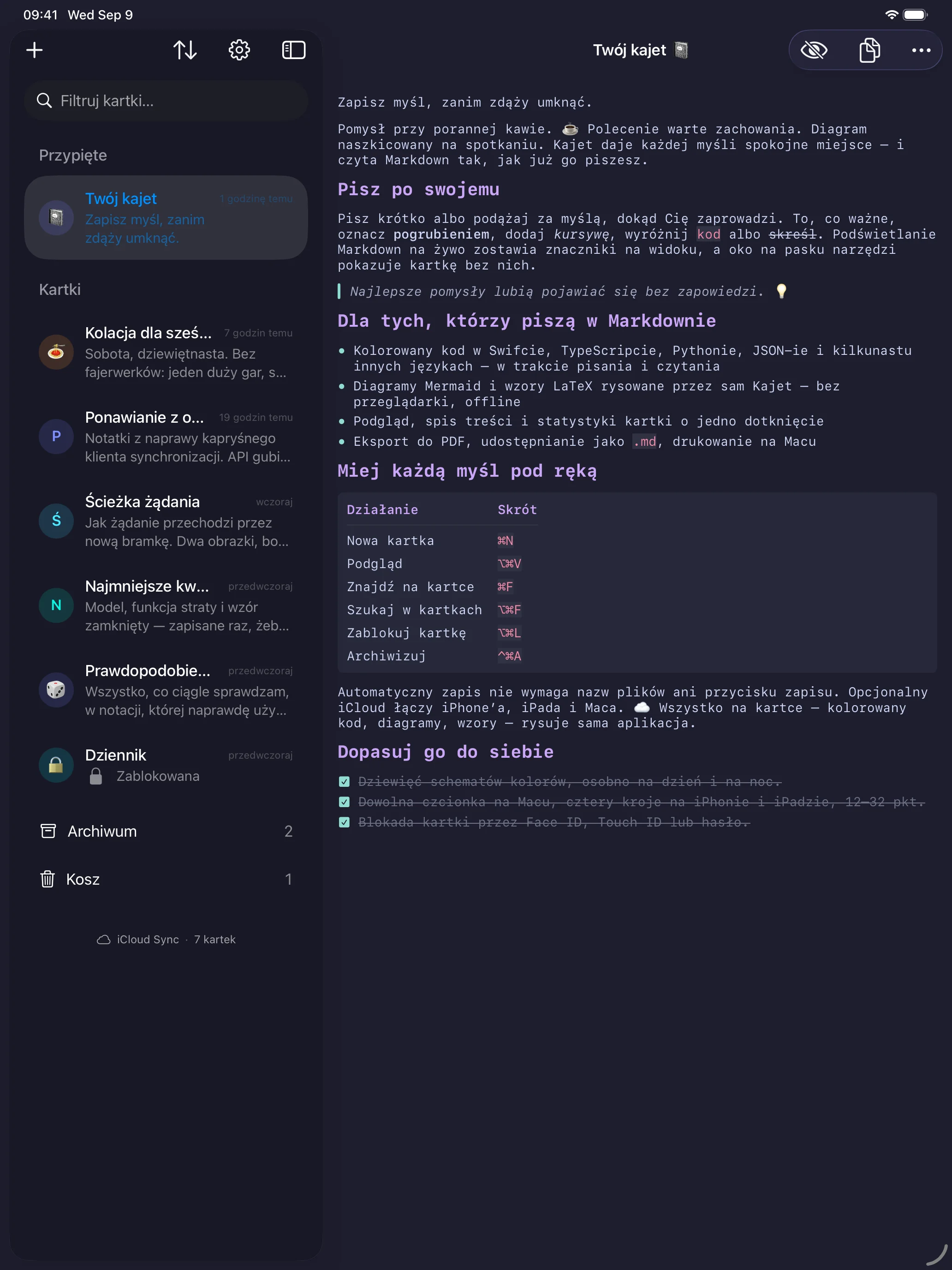 Ta sama kartka na iPadzie w trybie czytania: nagłówki, lista, cytat i tabela złożone tak, jak opisuje je Markdown.