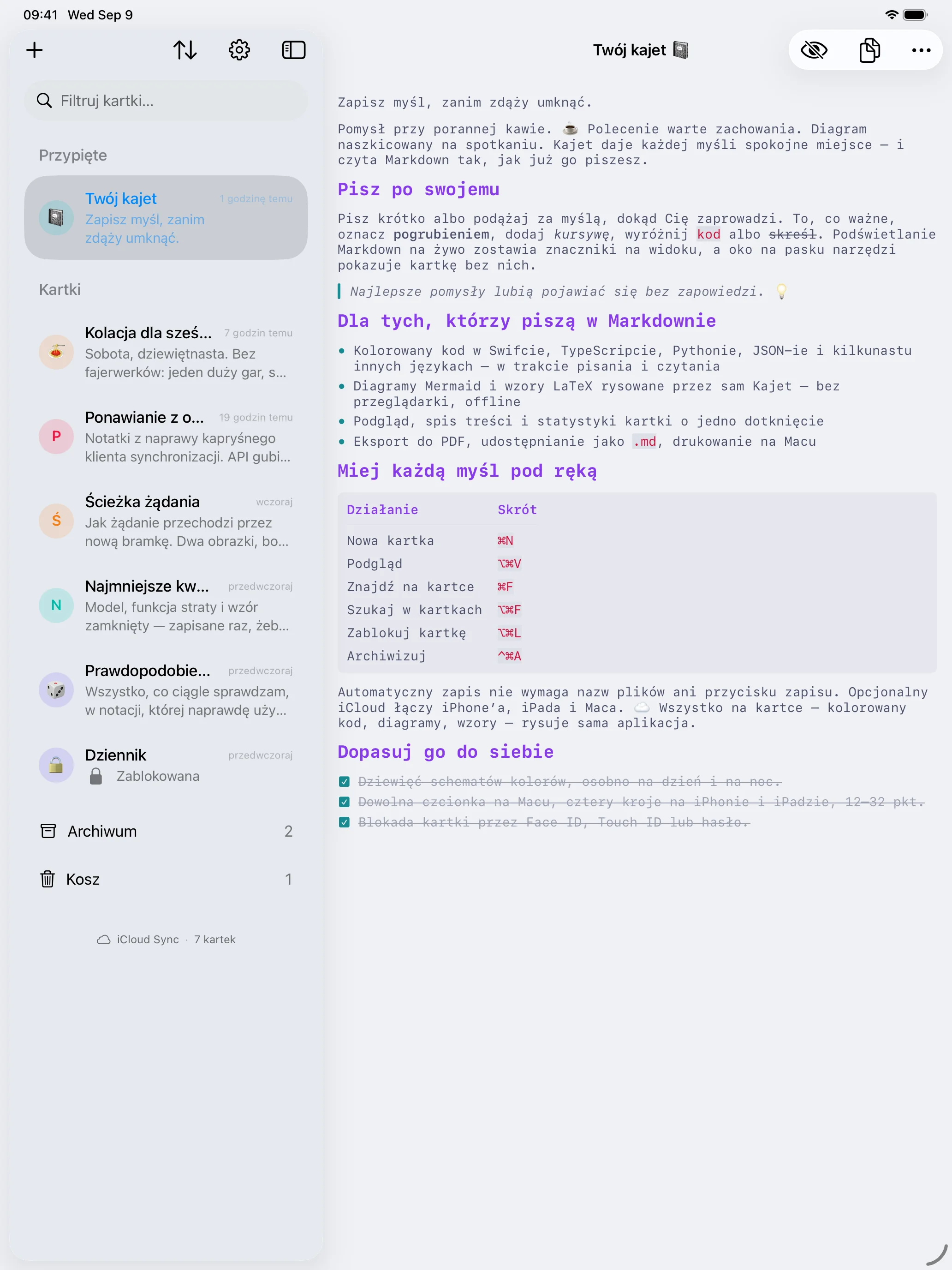 Ta sama kartka na iPadzie w trybie czytania: nagłówki, lista, cytat i tabela złożone tak, jak opisuje je Markdown.