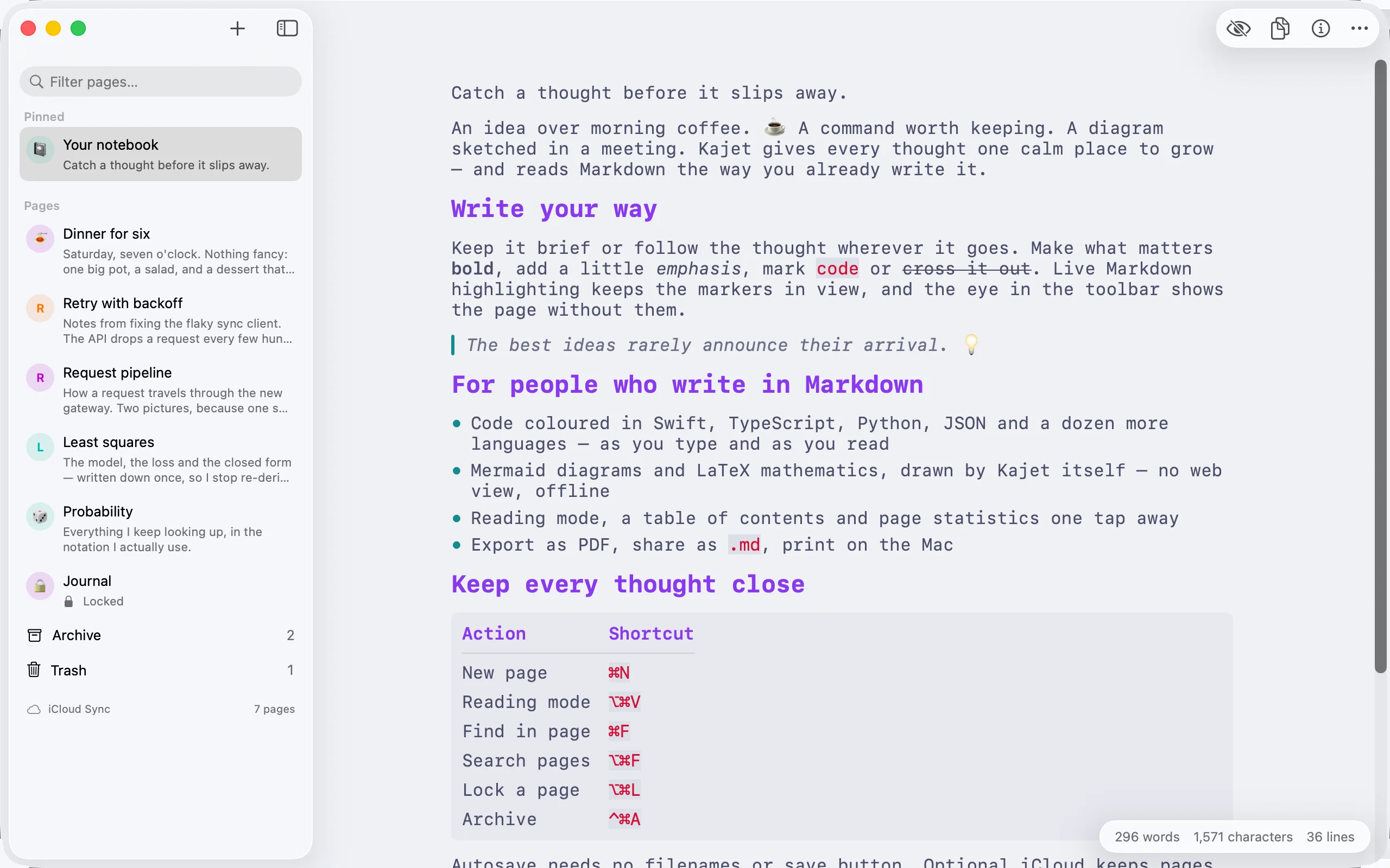 The same page on Mac in reading mode: headings at their real size, a bulleted list, a quotation and a table, with no Markdown markers left in the text.