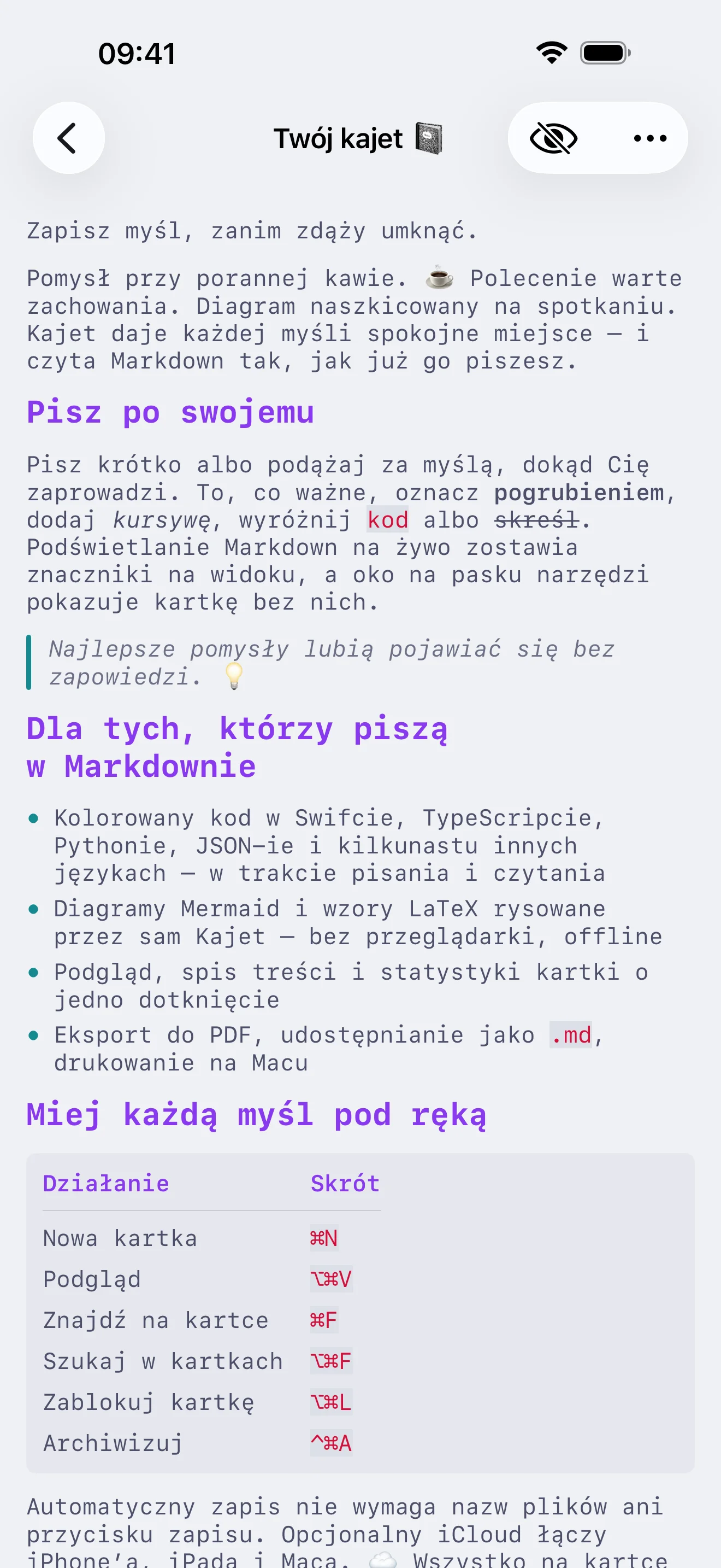 Kartka na iPhonie w trybie czytania: nagłówki w prawdziwym rozmiarze, lista punktowana, cytat i tabela bez znaczników Markdown.