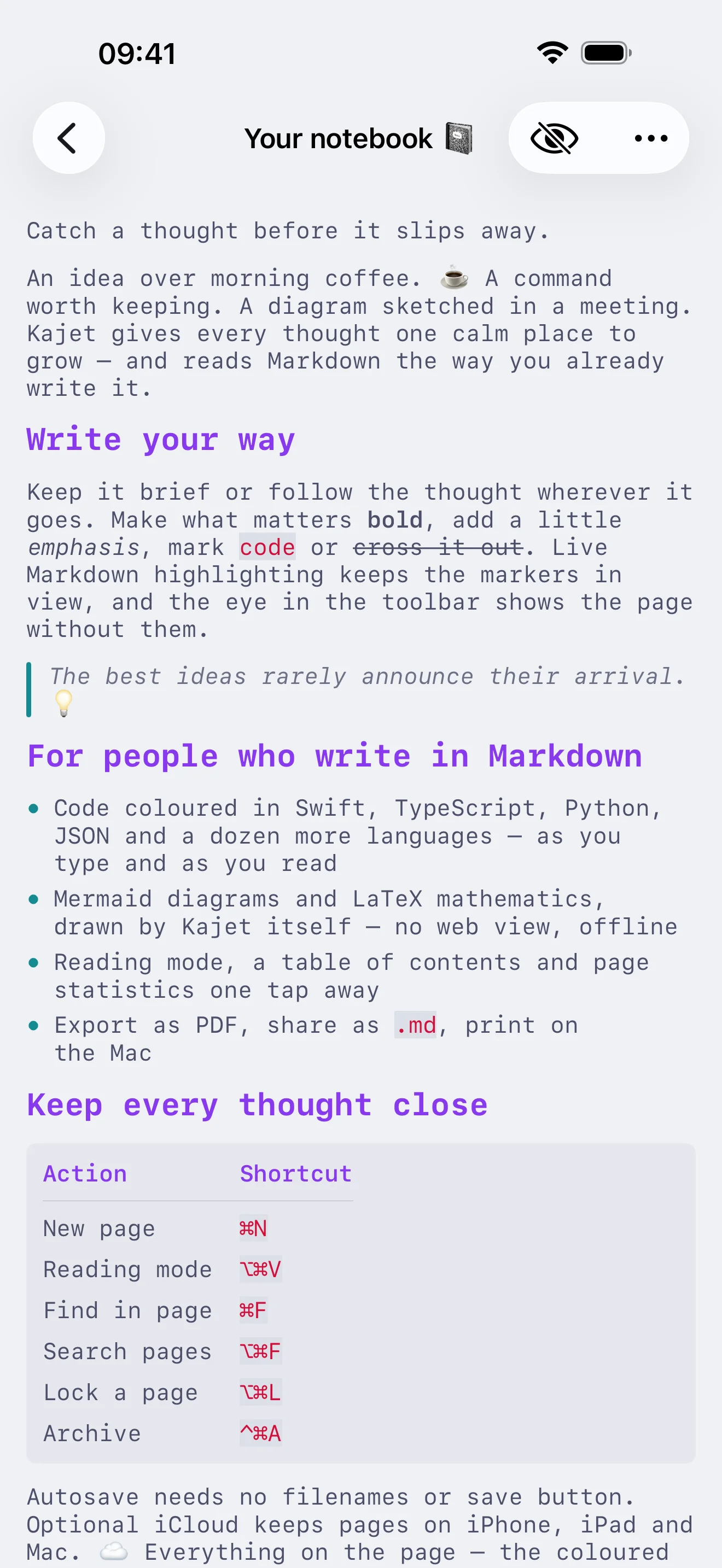 A page on iPhone in reading mode: sized headings, a bulleted list, a quotation and a table, with no Markdown markers in sight.