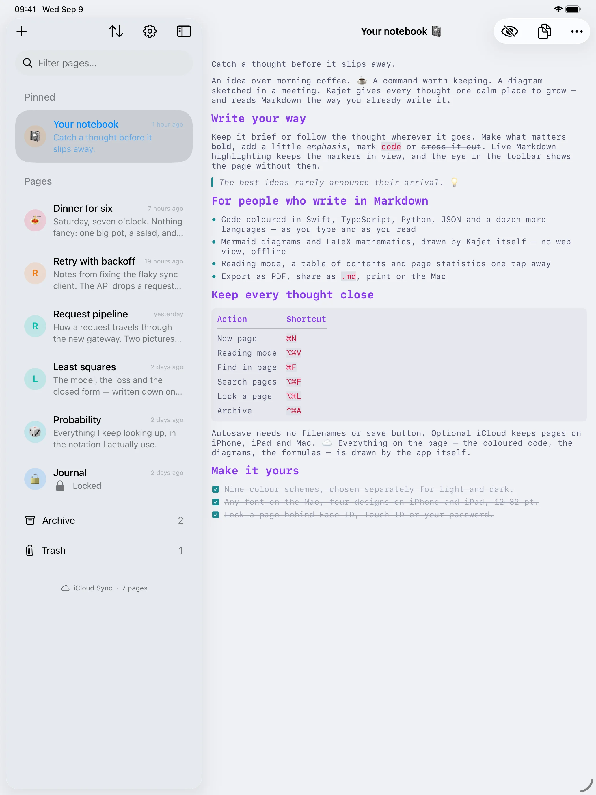 The same iPad page in reading mode, with headings, a list, a quotation and a table set the way the Markdown describes them.