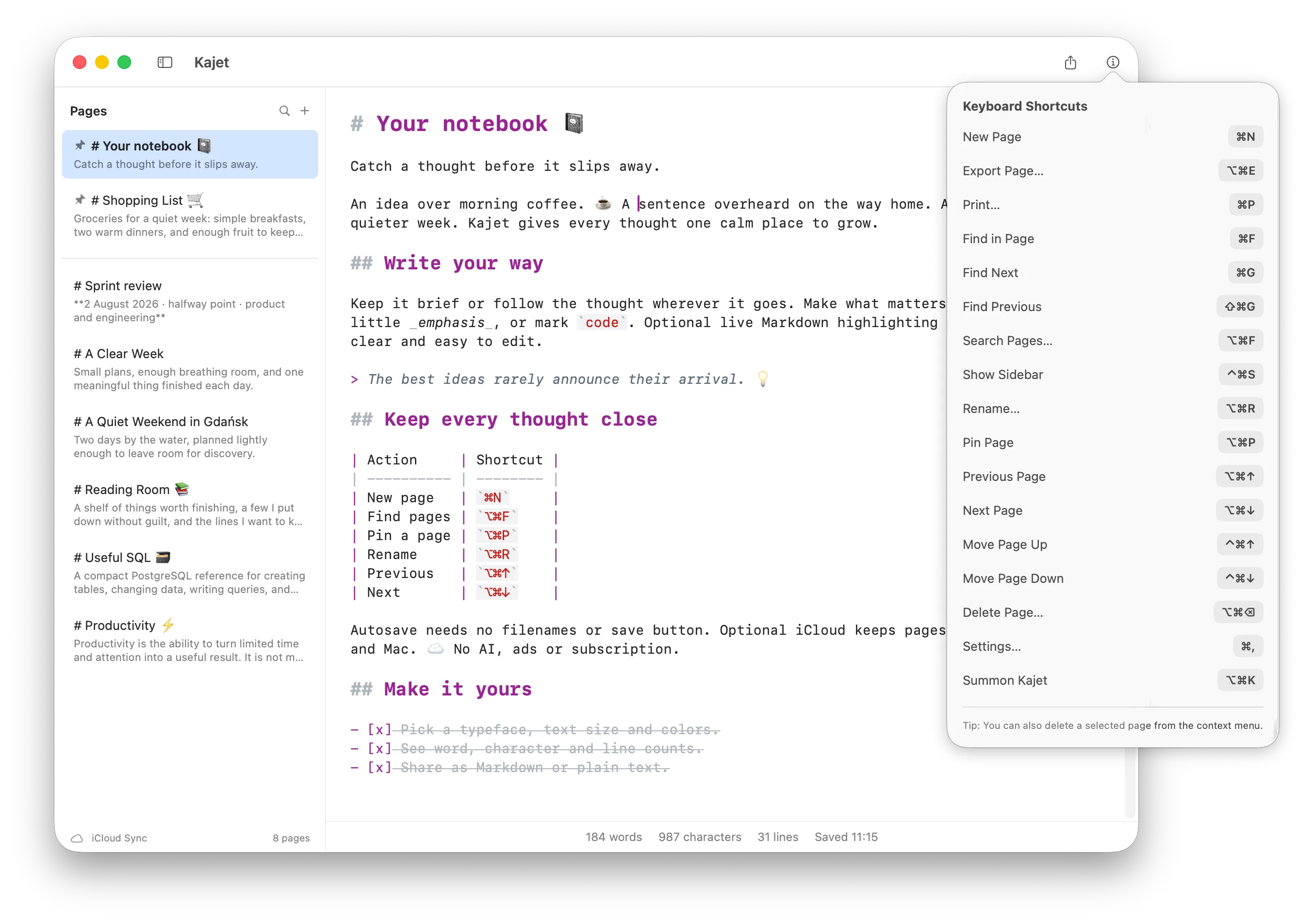 The keyboard shortcut panel open over a page on Mac, listing the shortcuts for a new page, export, print, find, search, rename, pin and settings.