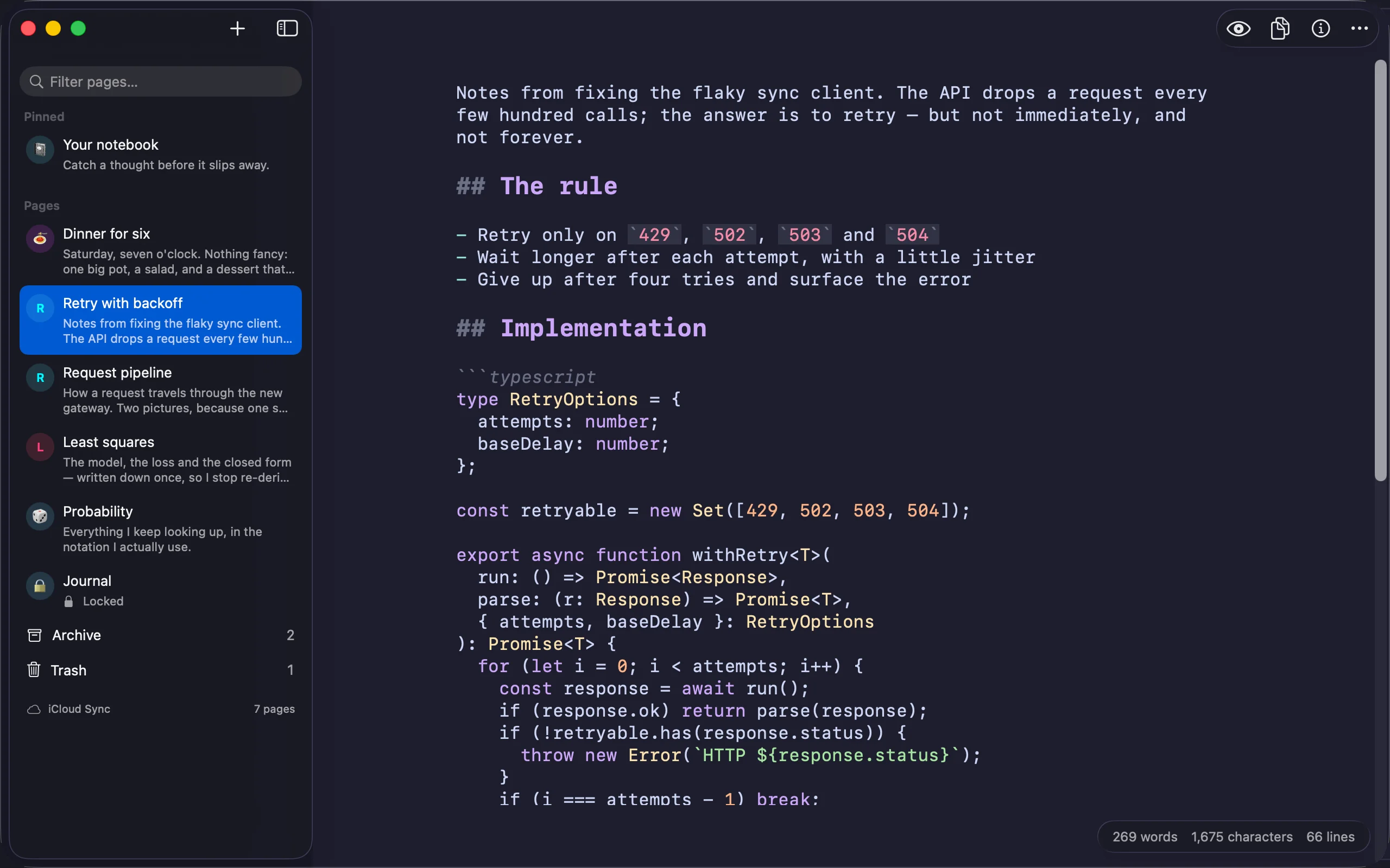 A TypeScript code fence on Mac, its keywords, types, strings and numbers coloured in the editor while the page is being written.