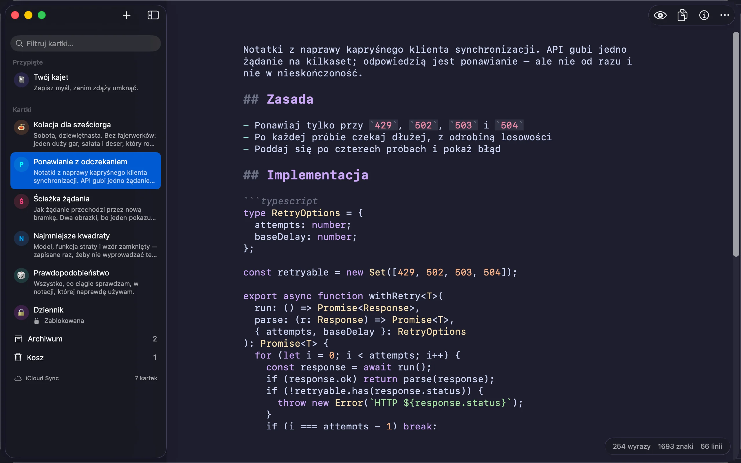 Blok kodu TypeScript na Macu — słowa kluczowe, typy, napisy i liczby pokolorowane w edytorze w trakcie pisania.