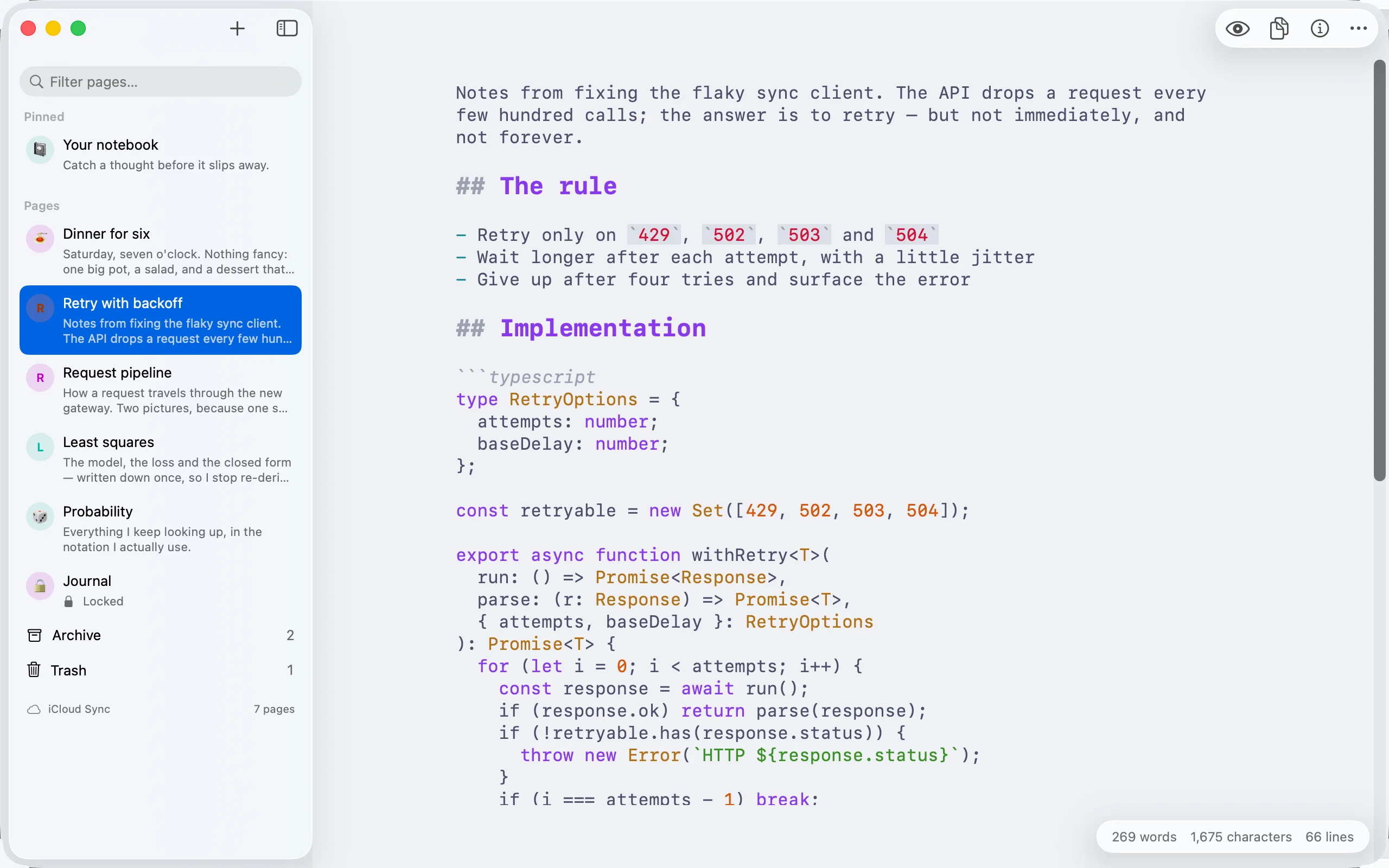 A TypeScript code fence on Mac, its keywords, types, strings and numbers coloured in the editor while the page is being written.