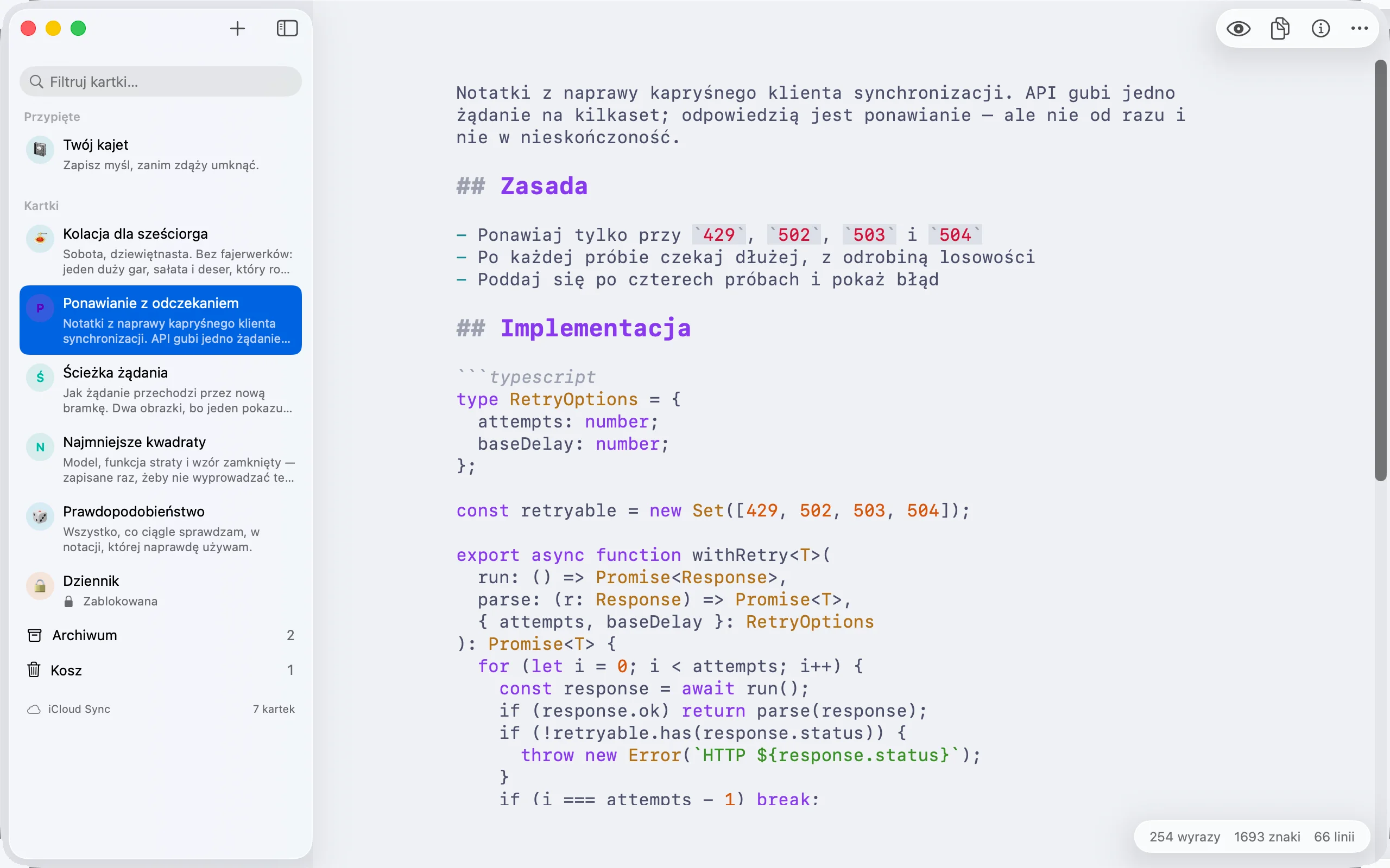 Blok kodu TypeScript na Macu — słowa kluczowe, typy, napisy i liczby pokolorowane w edytorze w trakcie pisania.
