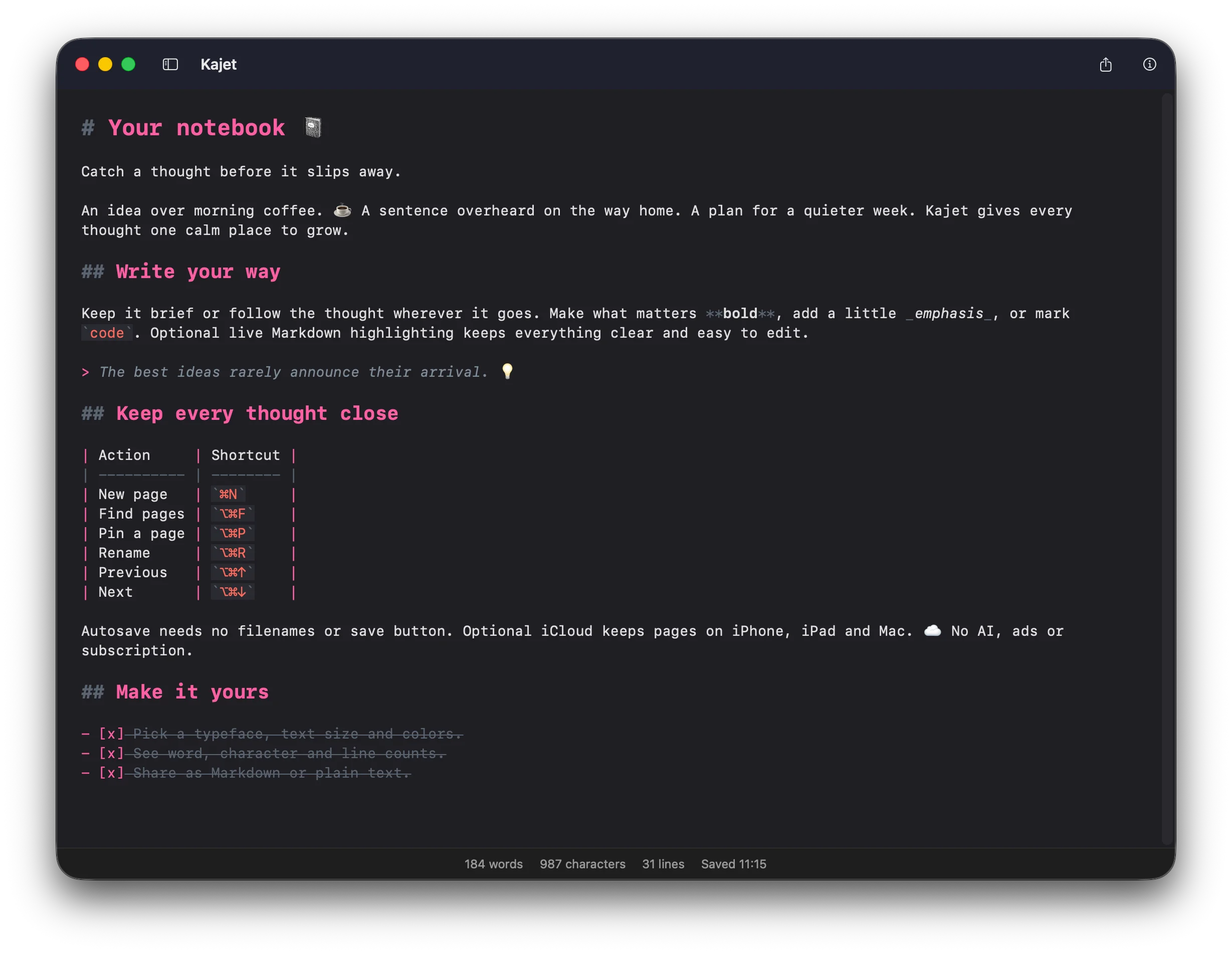 Kajet on Mac with the page list hidden, so the page fills the whole window.