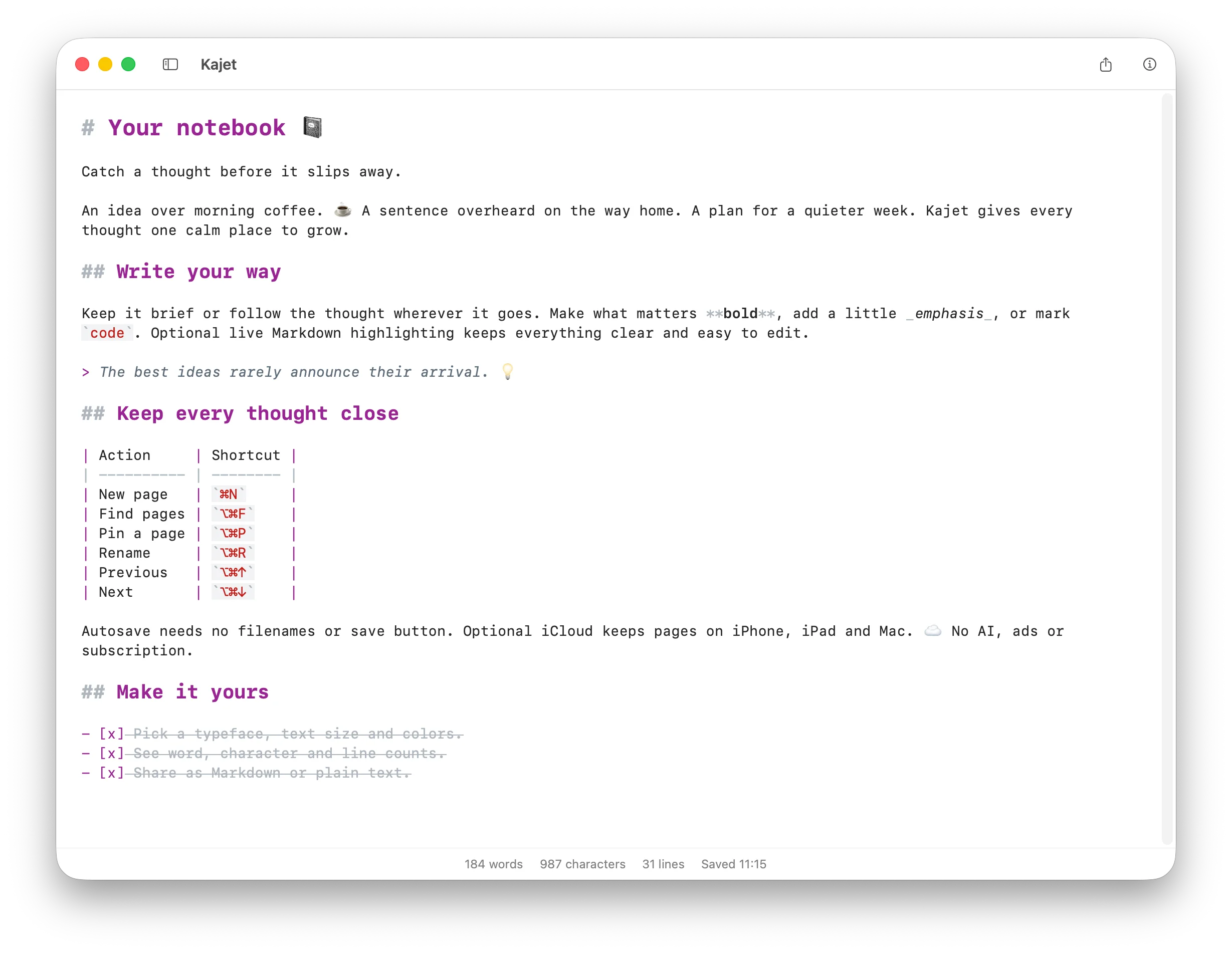 Kajet on Mac with the page list hidden, so the page fills the whole window.