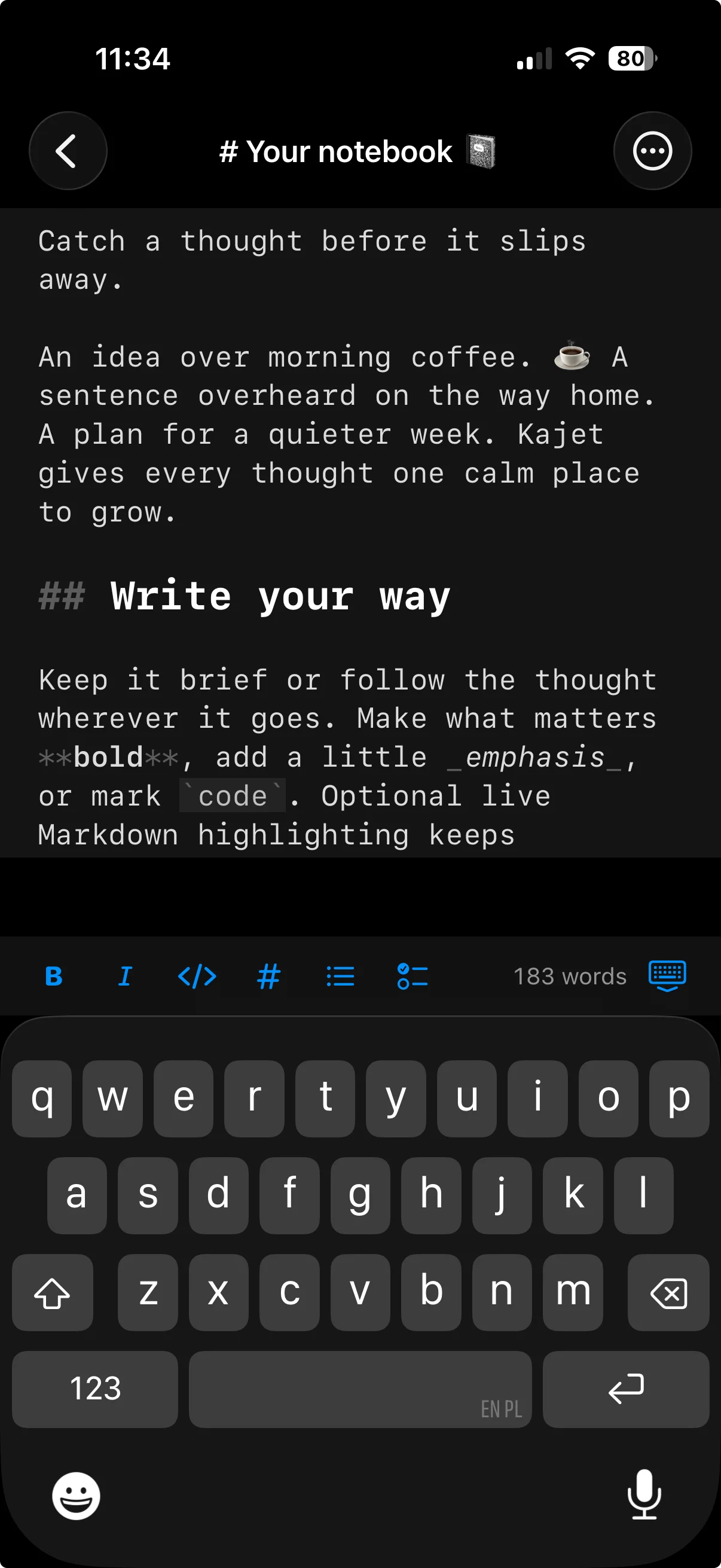 Writing on iPhone with the formatting bar for bold, italic, code, headings and lists above the keyboard.
