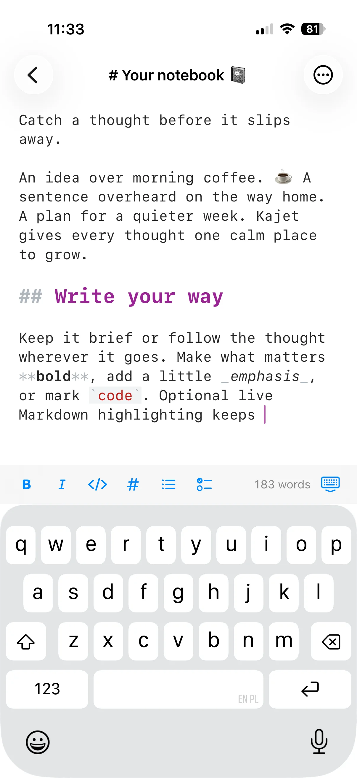 Writing on iPhone with the formatting bar for bold, italic, code, headings and lists above the keyboard.