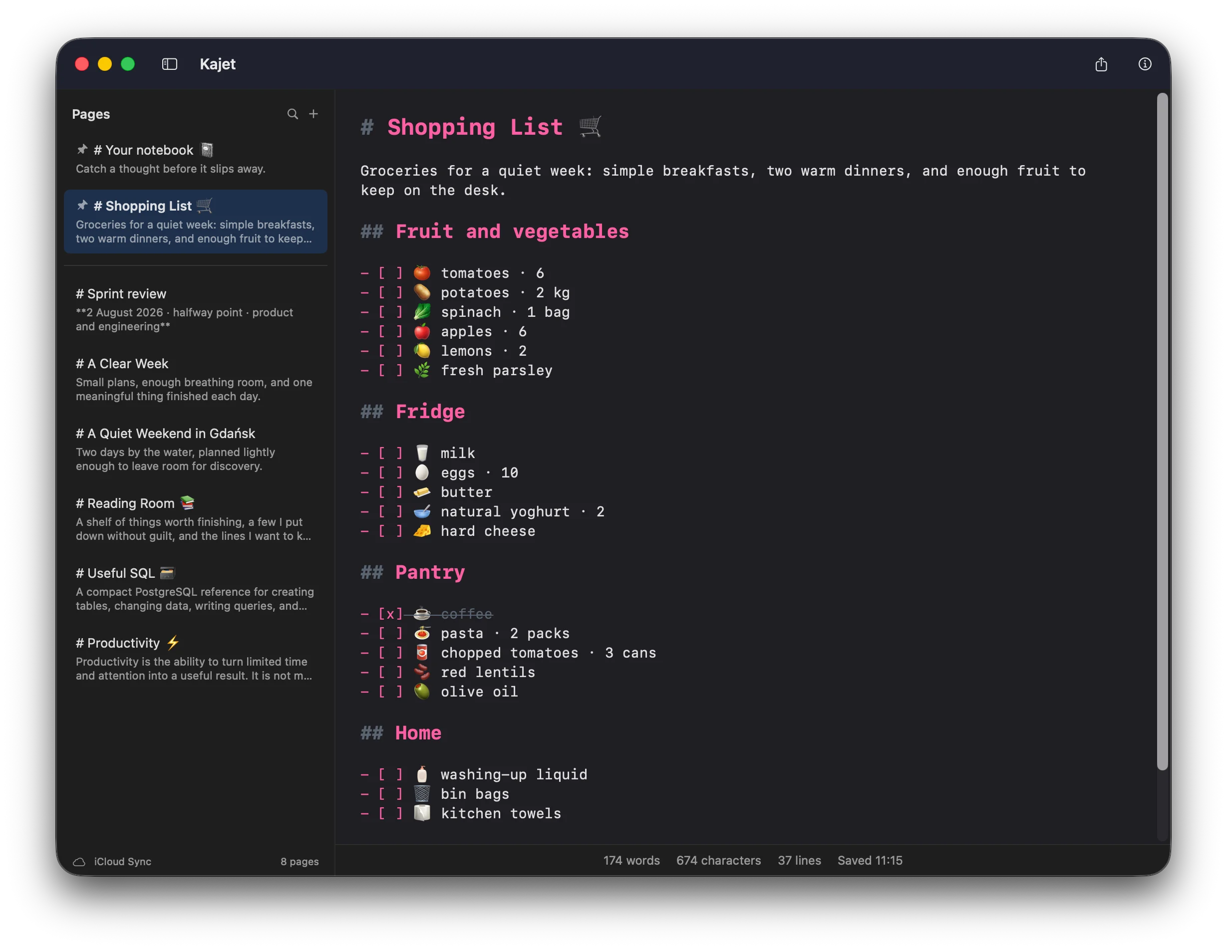 A shopping list on Mac with tasks grouped under headings and a ticked-off item struck through.