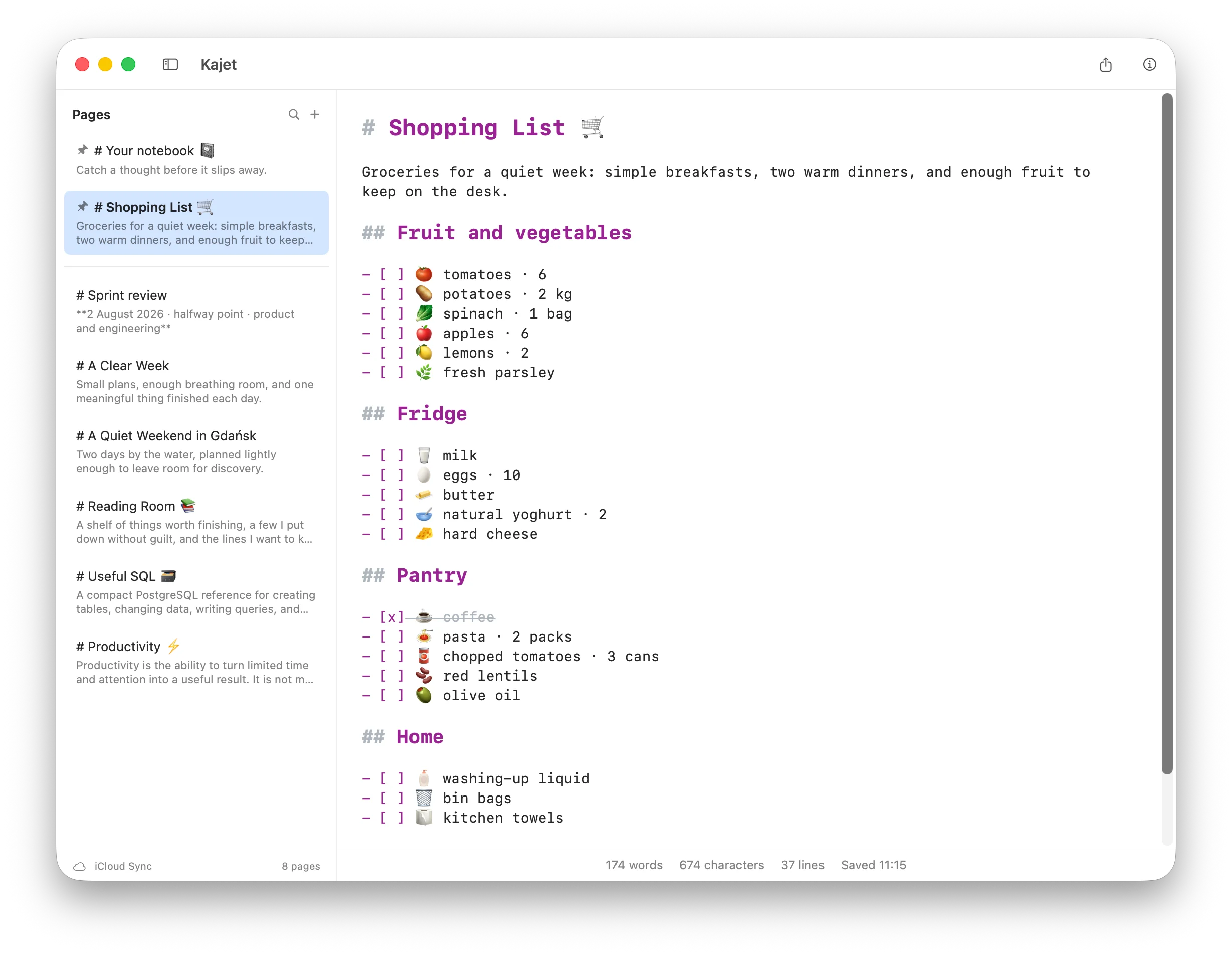 A shopping list on Mac with tasks grouped under headings and a ticked-off item struck through.