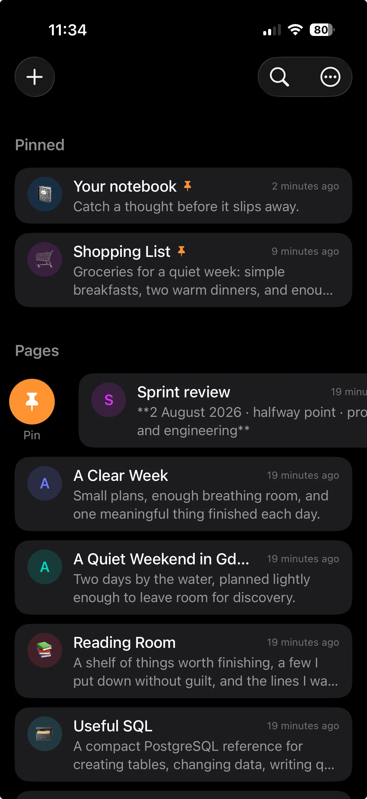 Swiping a row of the iPhone page list to reveal the pin action.
