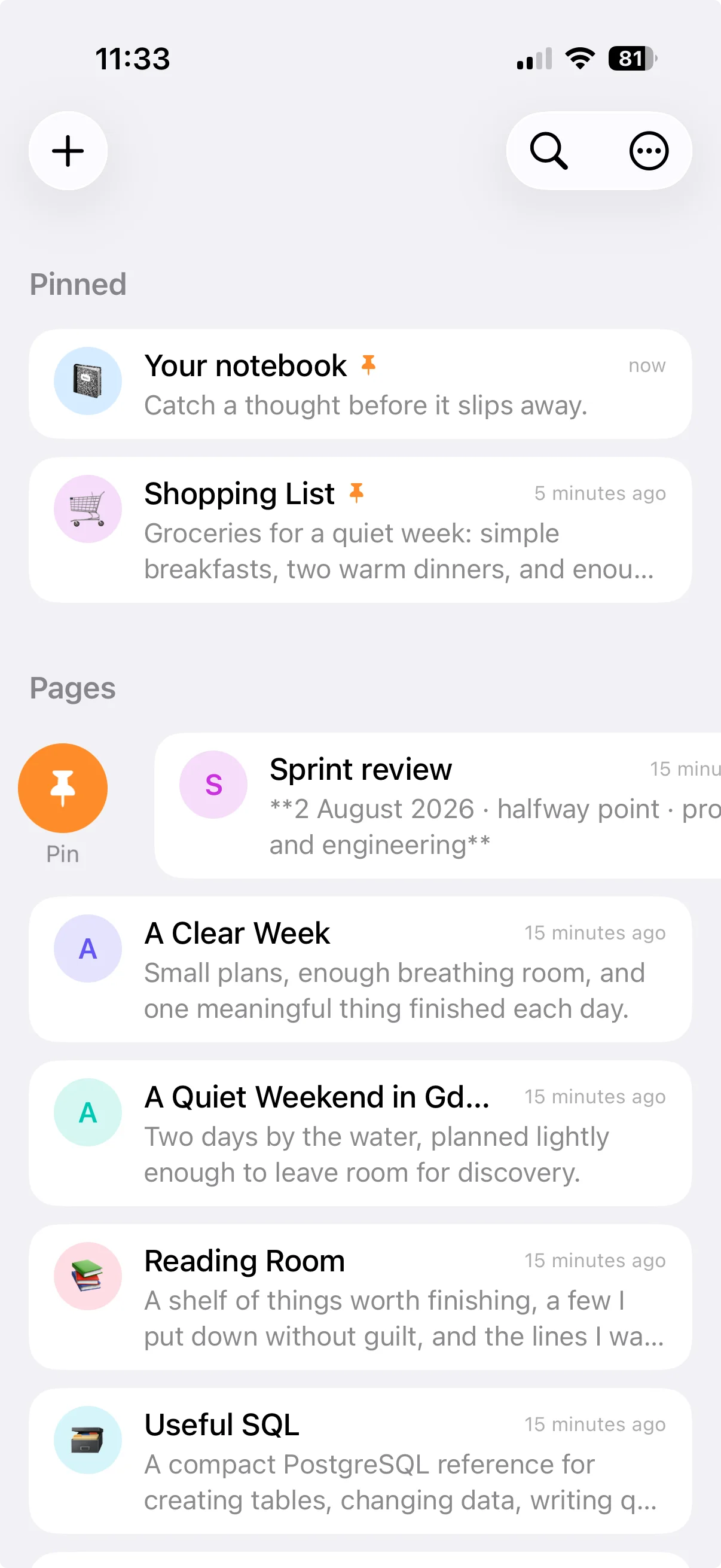 Swiping a row of the iPhone page list to reveal the pin action.