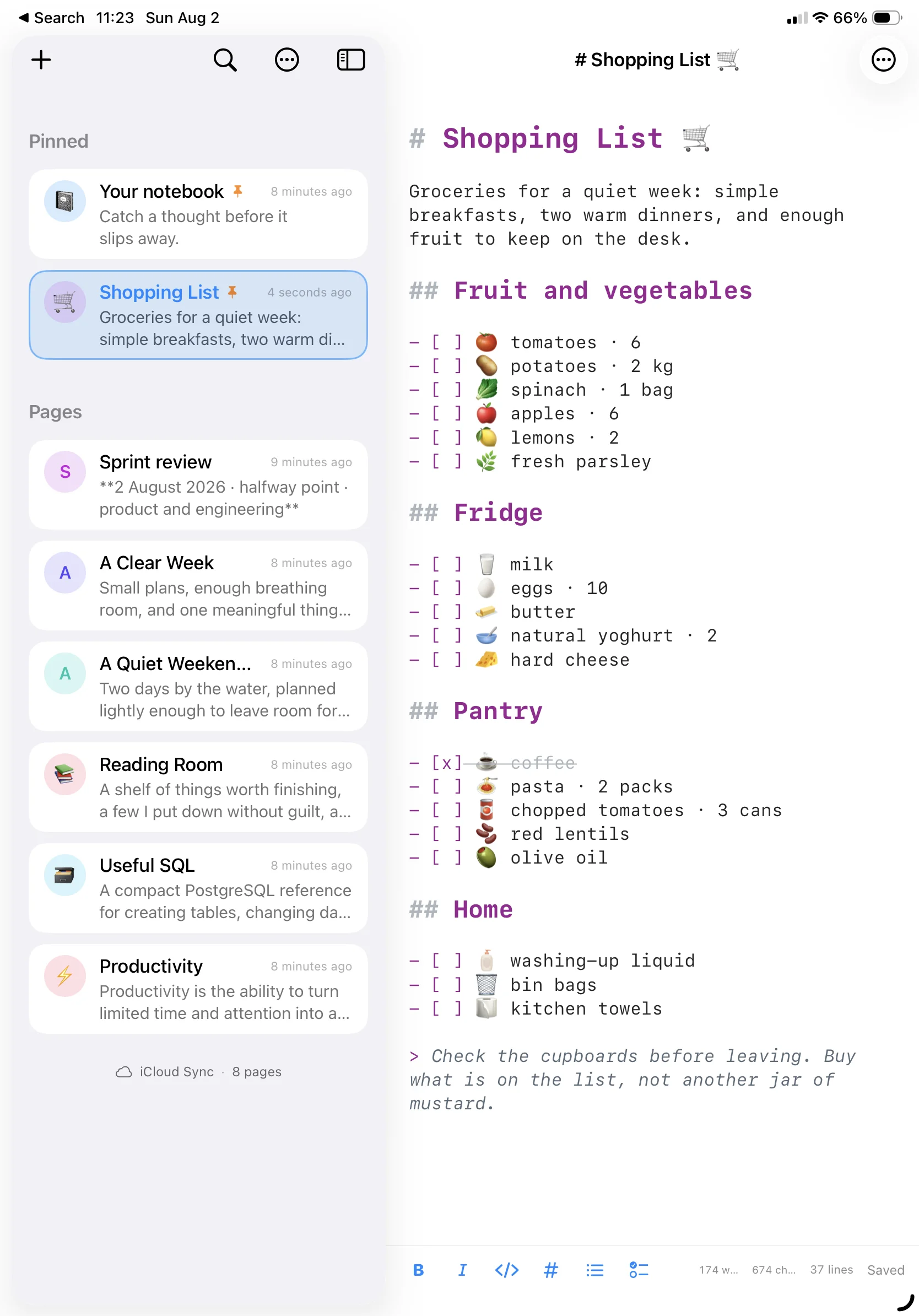 A shopping list on iPad with tasks grouped under headings and one item ticked off.