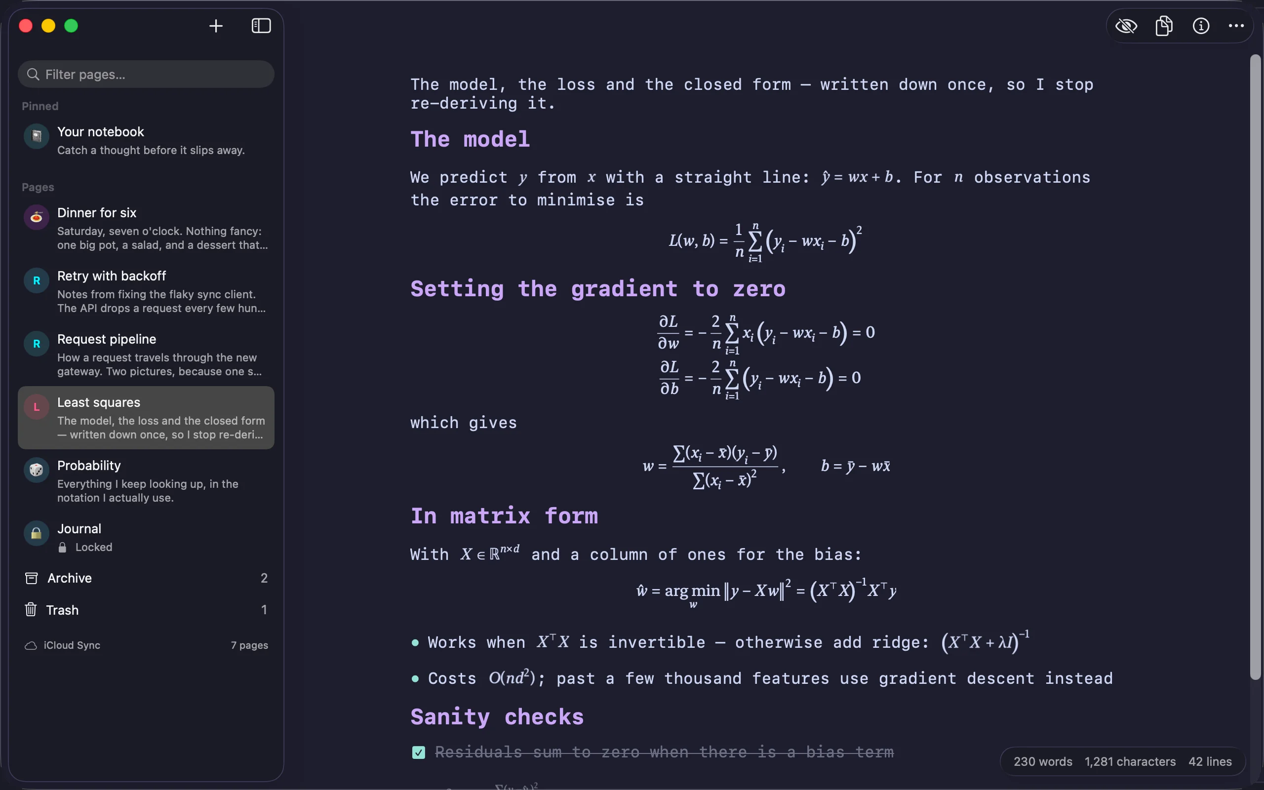 LaTeX mathematics typeset on a Mac page: a fitted line, a summation with its limits and a matrix expression, set between paragraphs of ordinary text.
