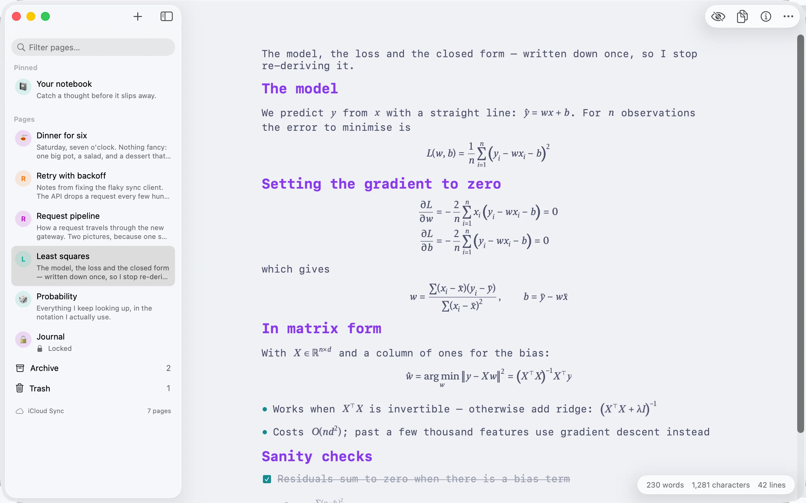 LaTeX mathematics typeset on a Mac page: a fitted line, a summation with its limits and a matrix expression, set between paragraphs of ordinary text.