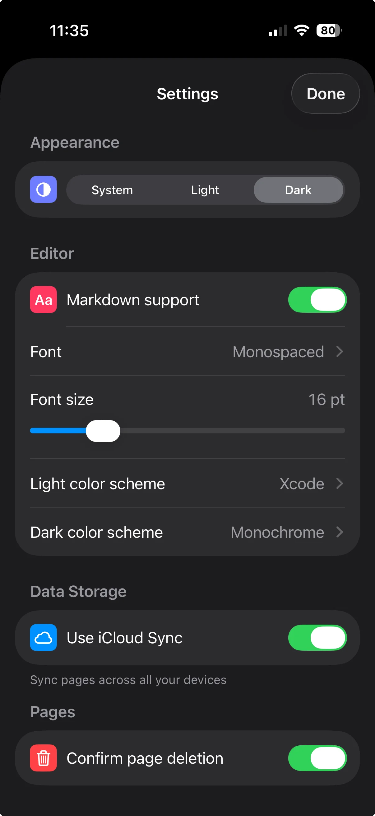 Settings on iPhone: appearance, Markdown support, typeface and size, colour schemes, iCloud sync and deletion confirmation.