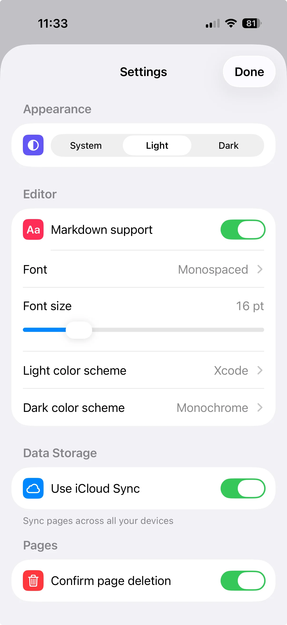 Settings on iPhone: appearance, Markdown support, typeface and size, colour schemes, iCloud sync and deletion confirmation.