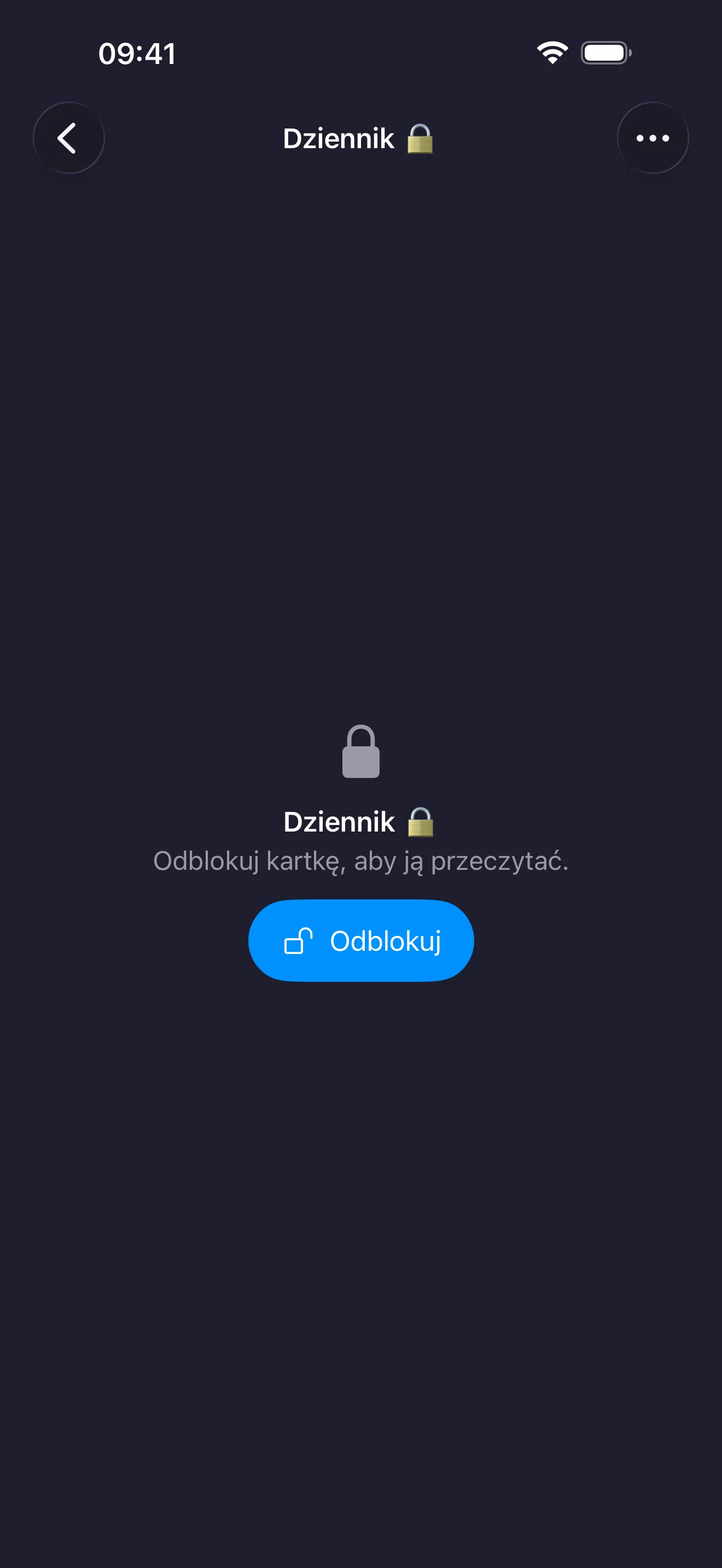 Zablokowana kartka na iPhonie: kłódka, nazwa kartki i jeden przycisk Odblokuj w miejscu, gdzie byłby tekst.