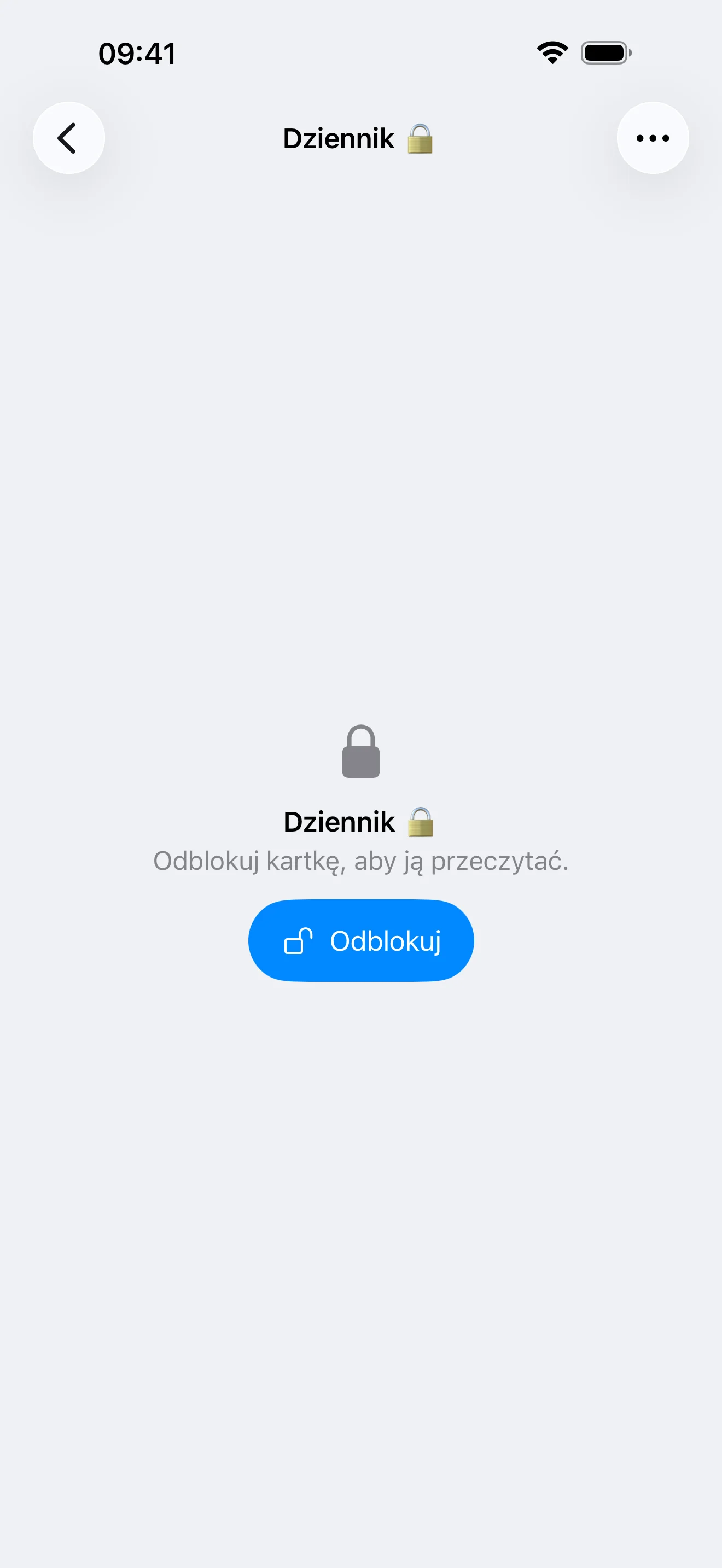 Zablokowana kartka na iPhonie: kłódka, nazwa kartki i jeden przycisk Odblokuj w miejscu, gdzie byłby tekst.